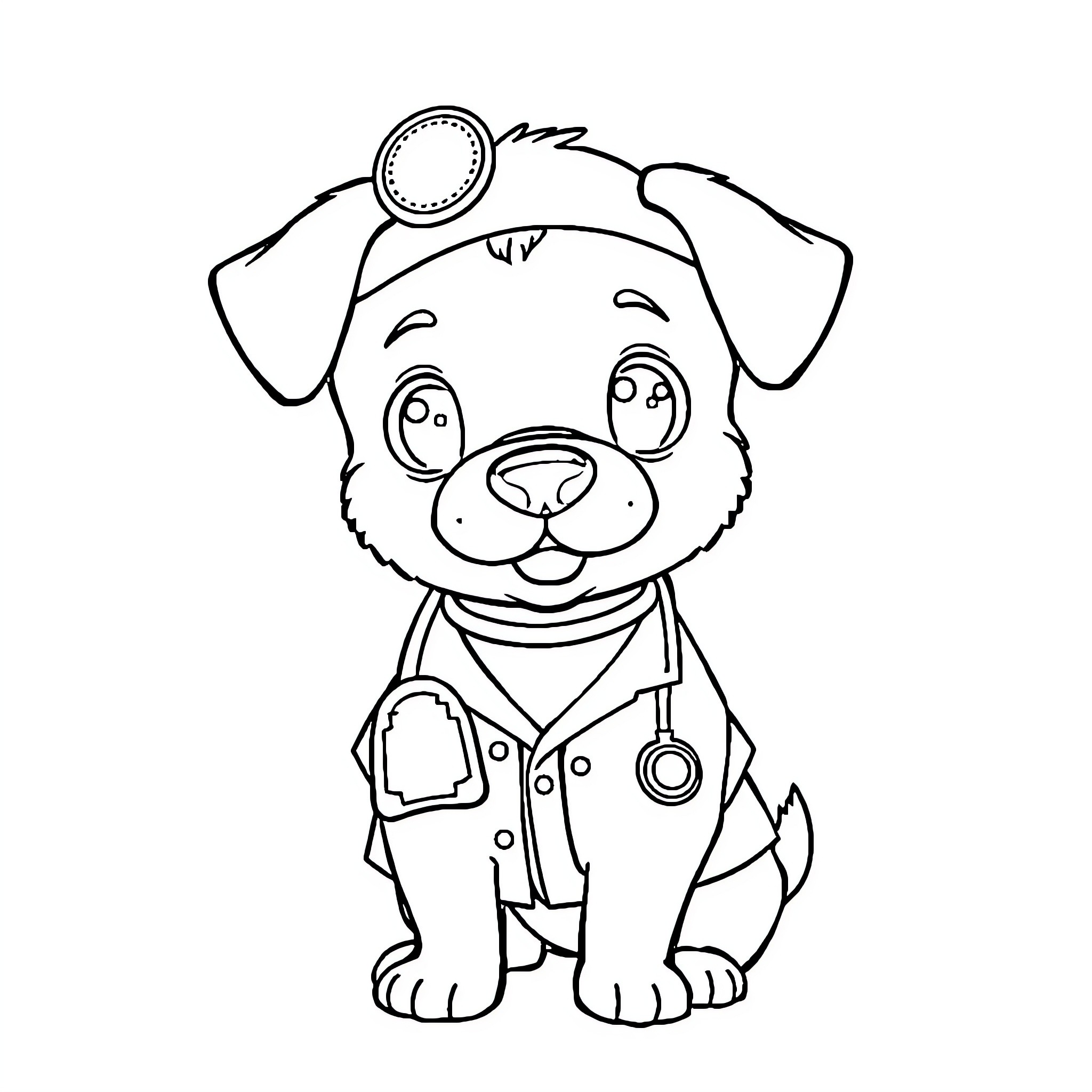 Perro veterinario feliz y amistoso Coloring Page (free black-and-white line drawing printable PDF for all, from beginners to advanced learners, including children, teens, adults, and seniors)