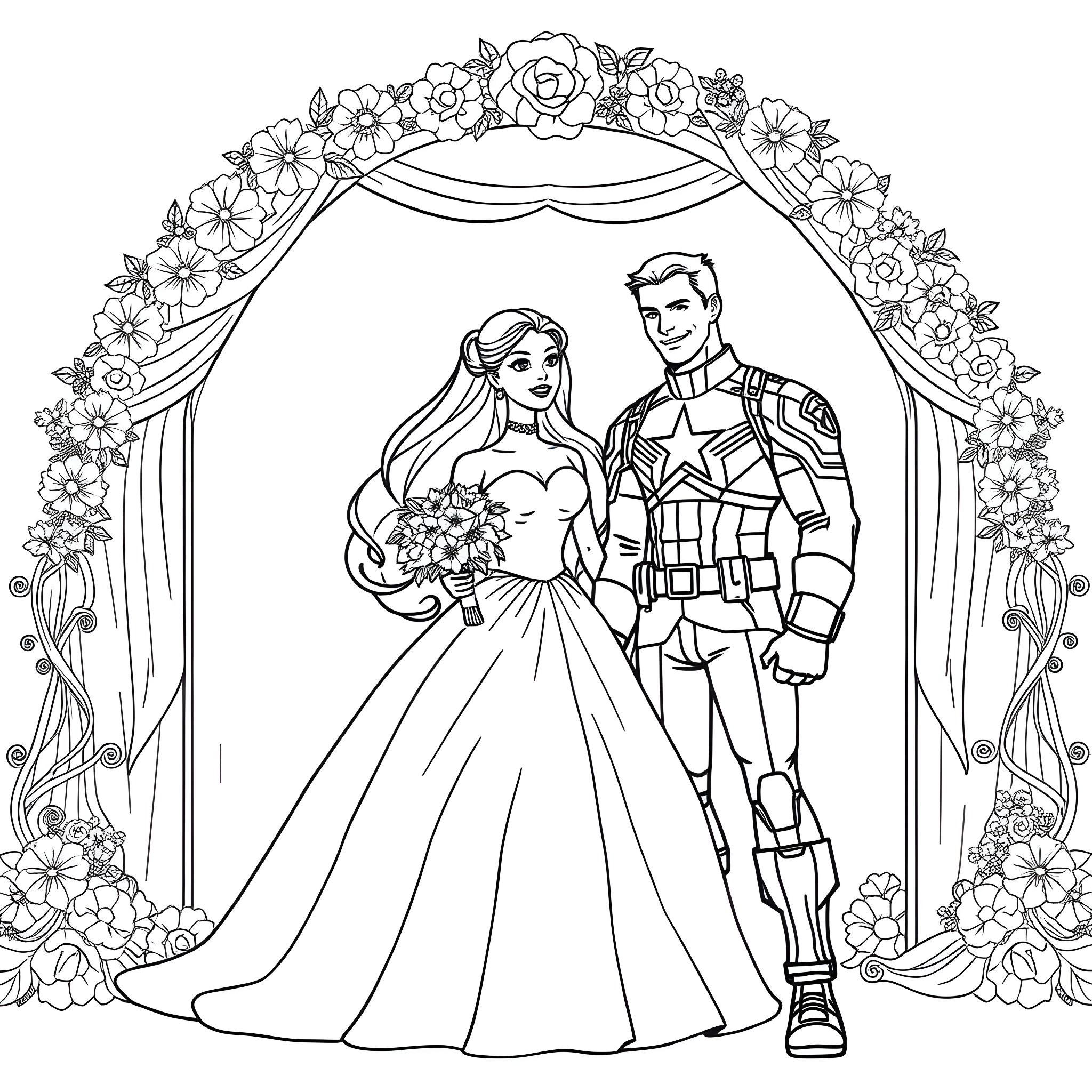 Barbie and Captain America wedding scene Coloring Page (free black-and-white line drawing printable PDF for all, from beginners to advanced learners, including children, teens, adults, and seniors)