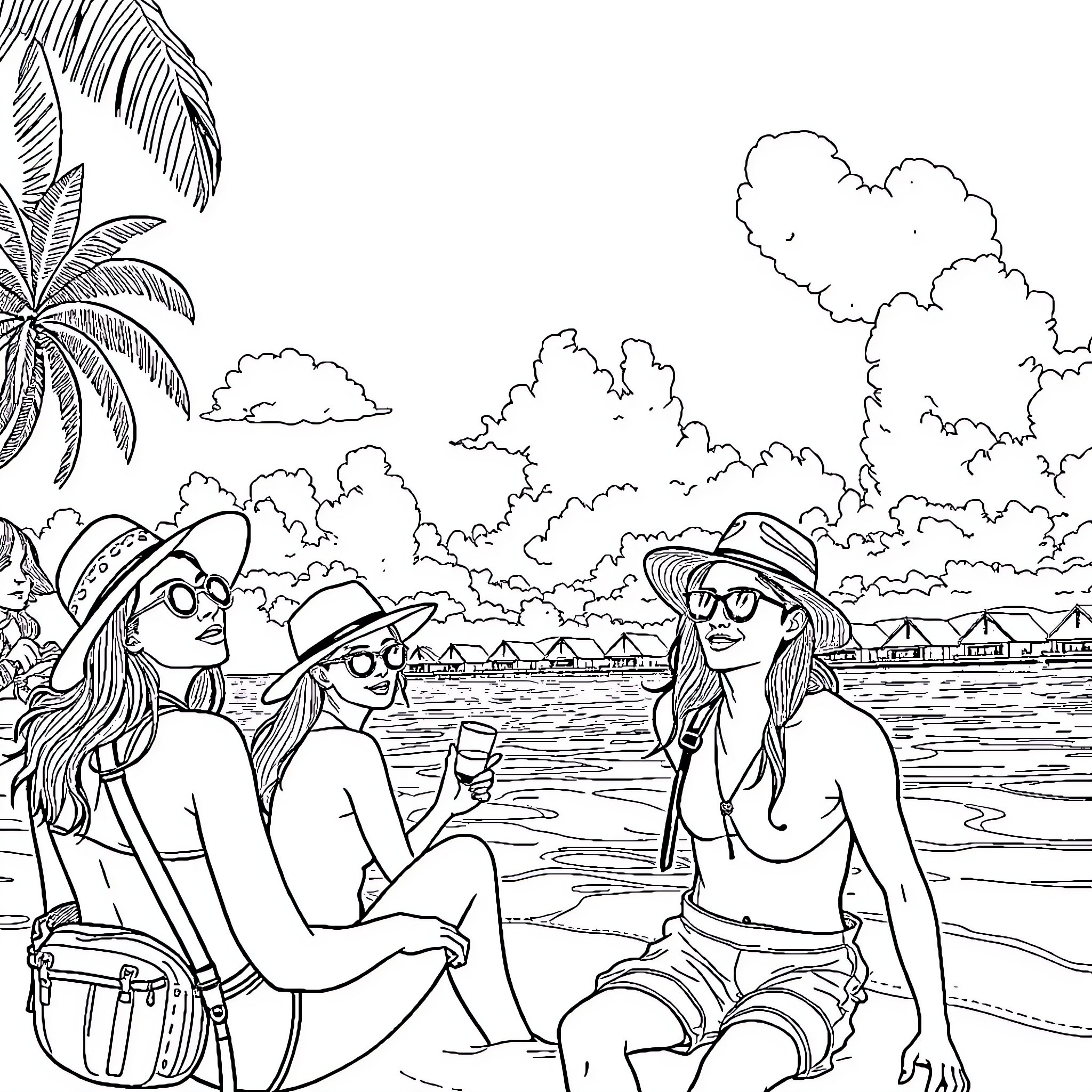 K-pop Hunter Enjoying Beachside Leisure with Friends Coloring Page (free black-and-white line drawing printable PDF for all, from beginners to advanced learners, including children, teens, adults, and seniors)