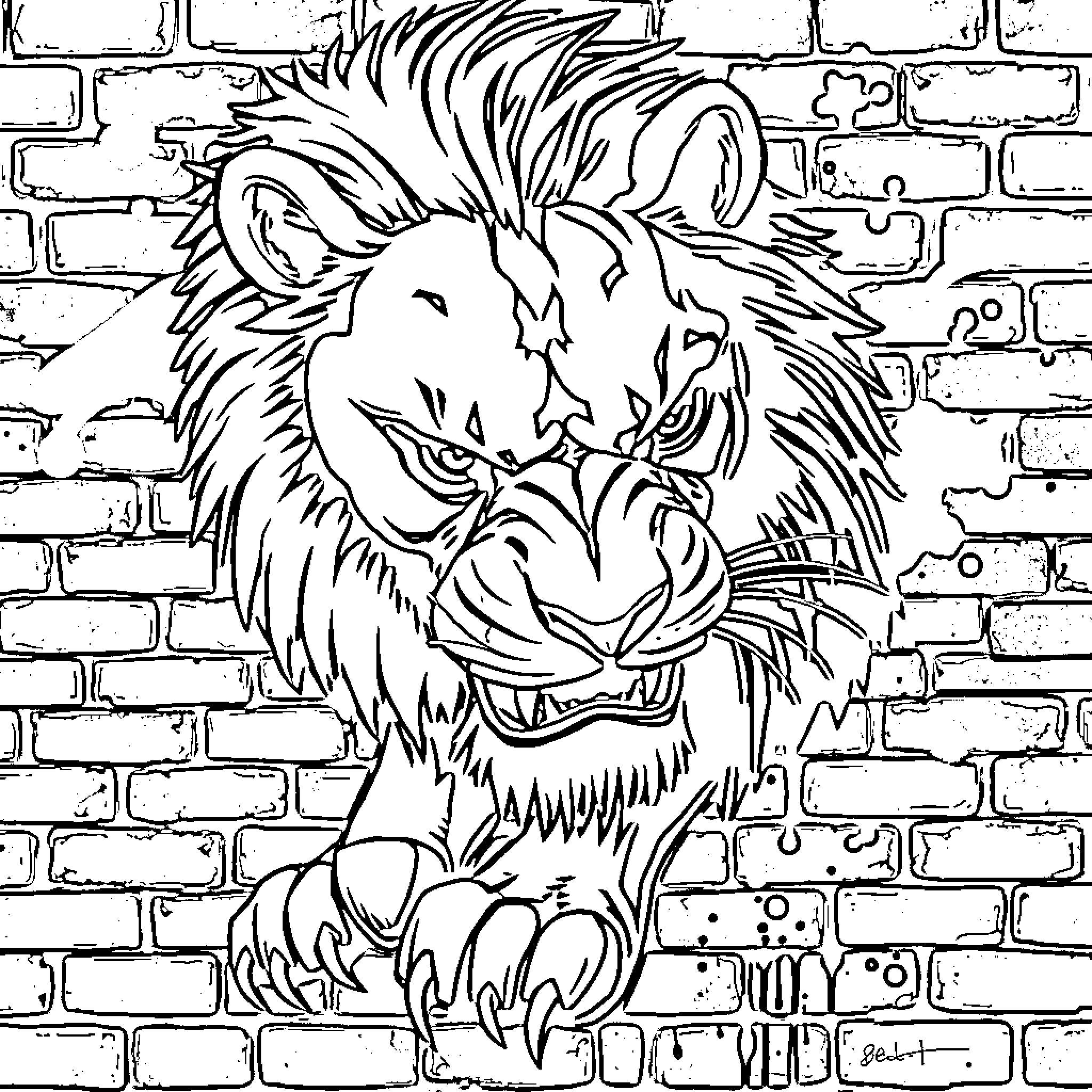 Lioness growling fiercely on a brick wall Coloring Page (free black-and-white line drawing printable PDF for all, from beginners to advanced learners, including children, teens, adults, and seniors)