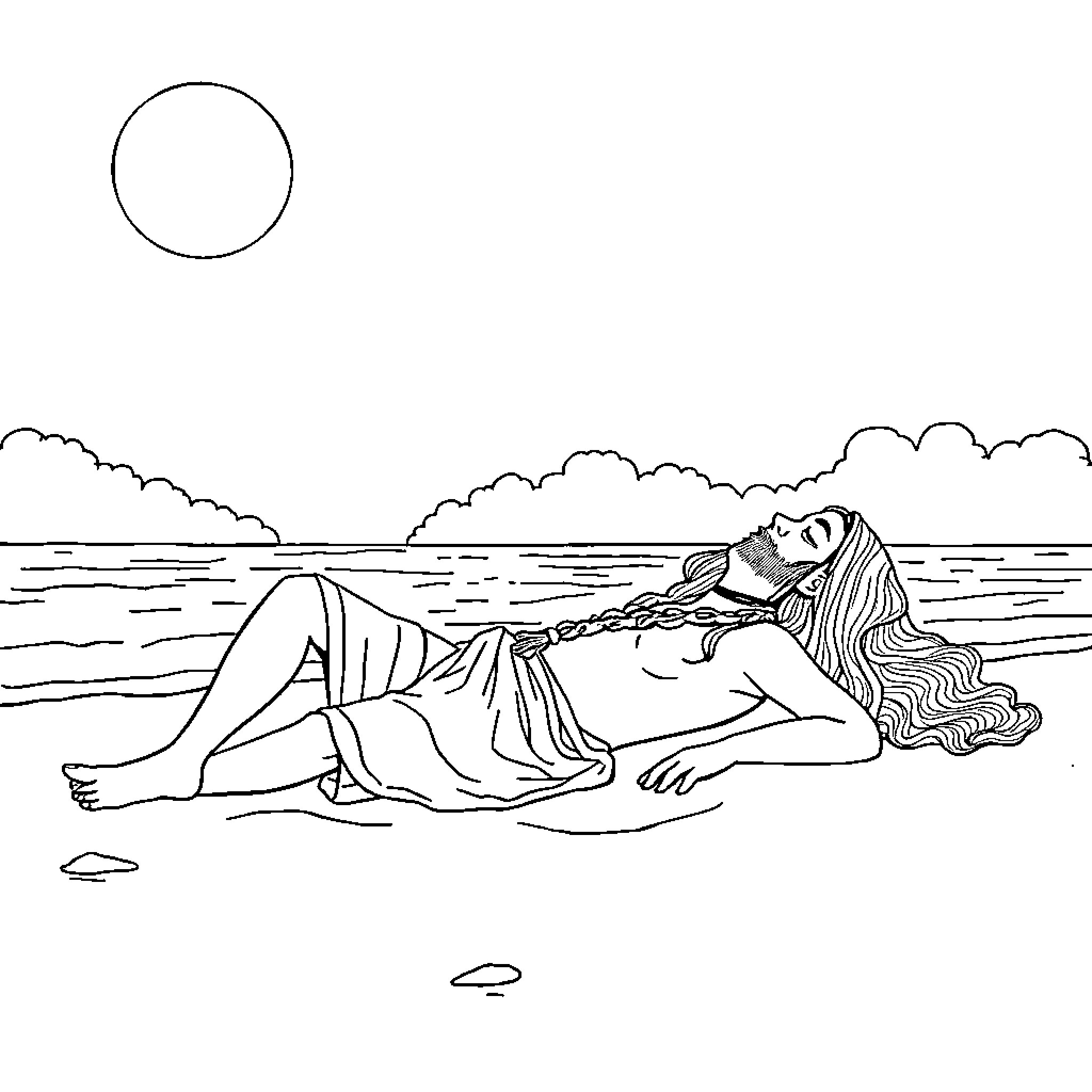Rumi relaxing peacefully by the serene ocean Coloring Page (free black-and-white line drawing printable PDF for all, from beginners to advanced learners, including children, teens, adults, and seniors)