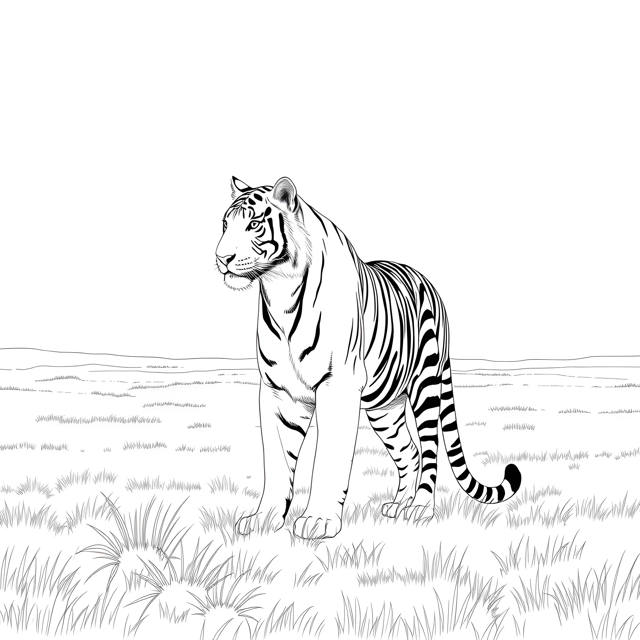 Tiger standing tall in the wilderness Coloring Page (free black-and-white line drawing printable PDF for all, from beginners to advanced learners, including children, teens, adults, and seniors)