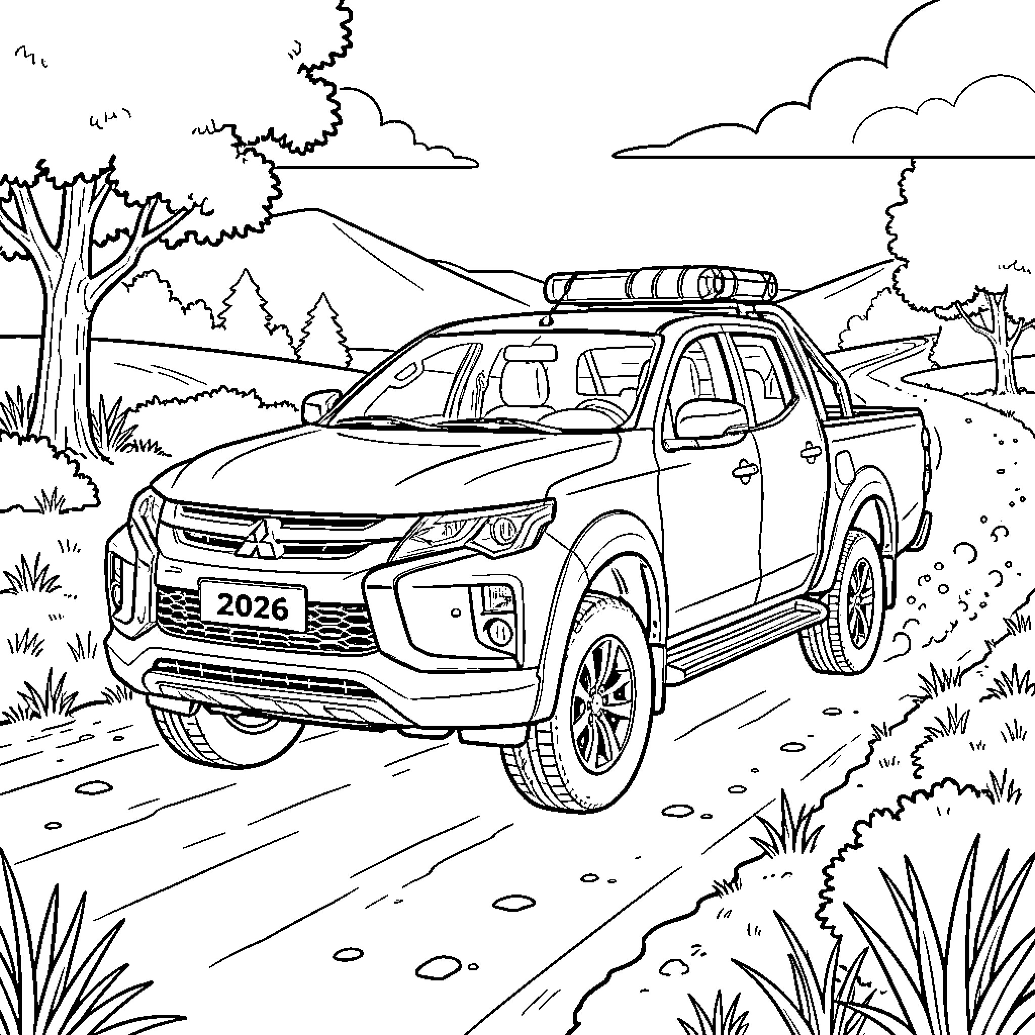 Mitsubishi Triton driving through a scenic mountain landscape Coloring Page (free black-and-white line drawing printable PDF for all, from beginners to advanced learners, including children, teens, adults, and seniors)