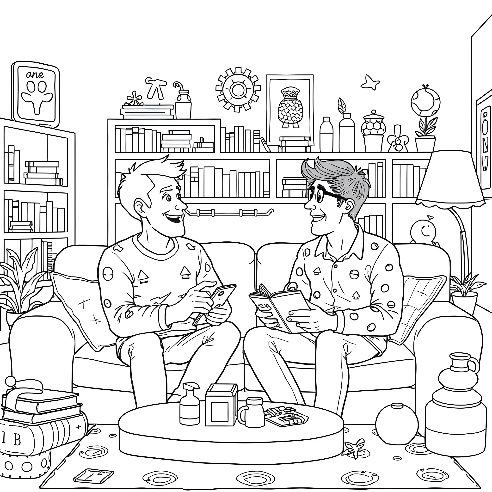 Dan and Phil: Casual Conversation in Cozy Living Room Coloring Page (free black-and-white line drawing printable PDF for all, from beginners to advanced learners, including children, teens, adults, and seniors)