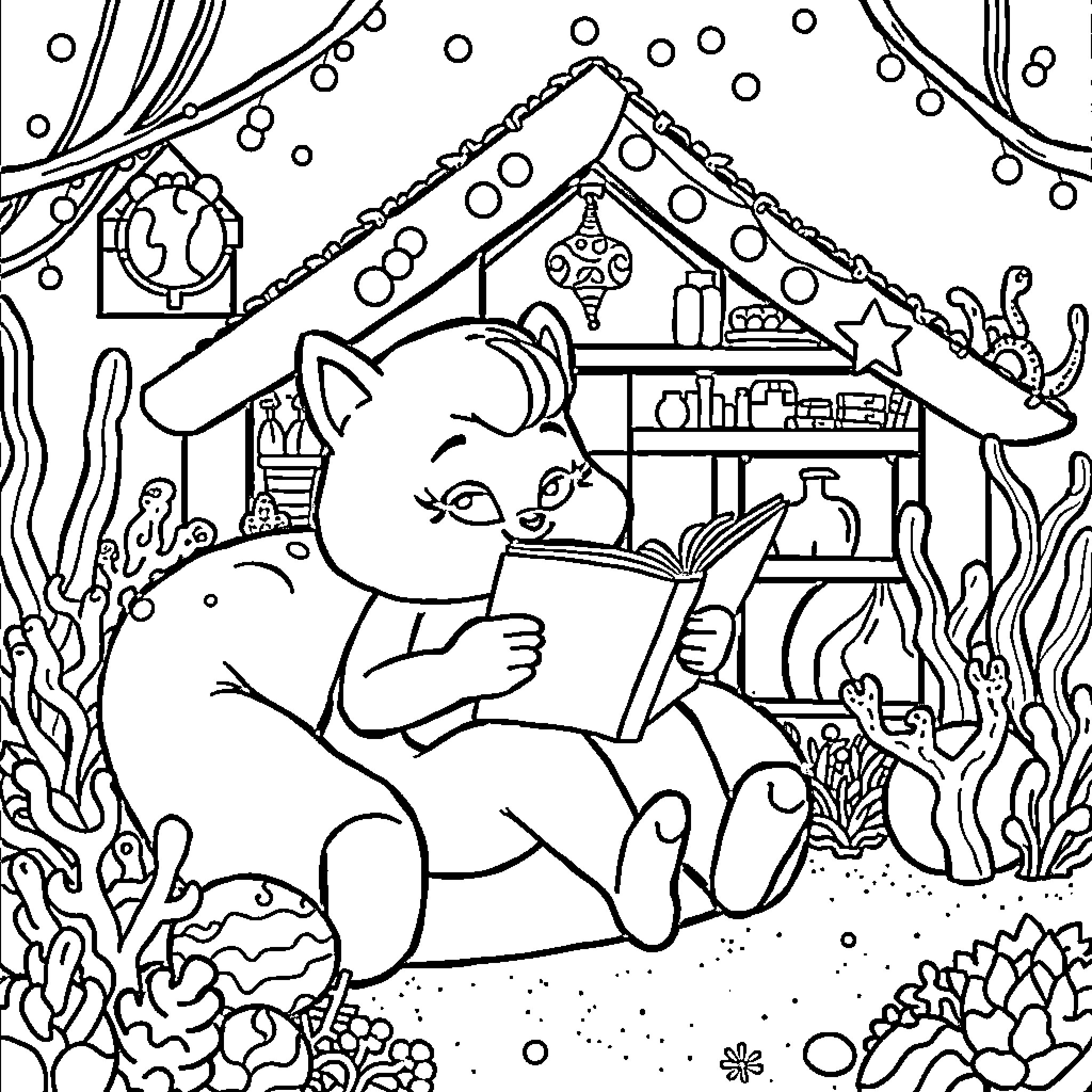 Sandy reading a book in the cozy underwater cottage Coloring Page (free black-and-white line drawing printable PDF for all, from beginners to advanced learners, including children, teens, adults, and seniors)