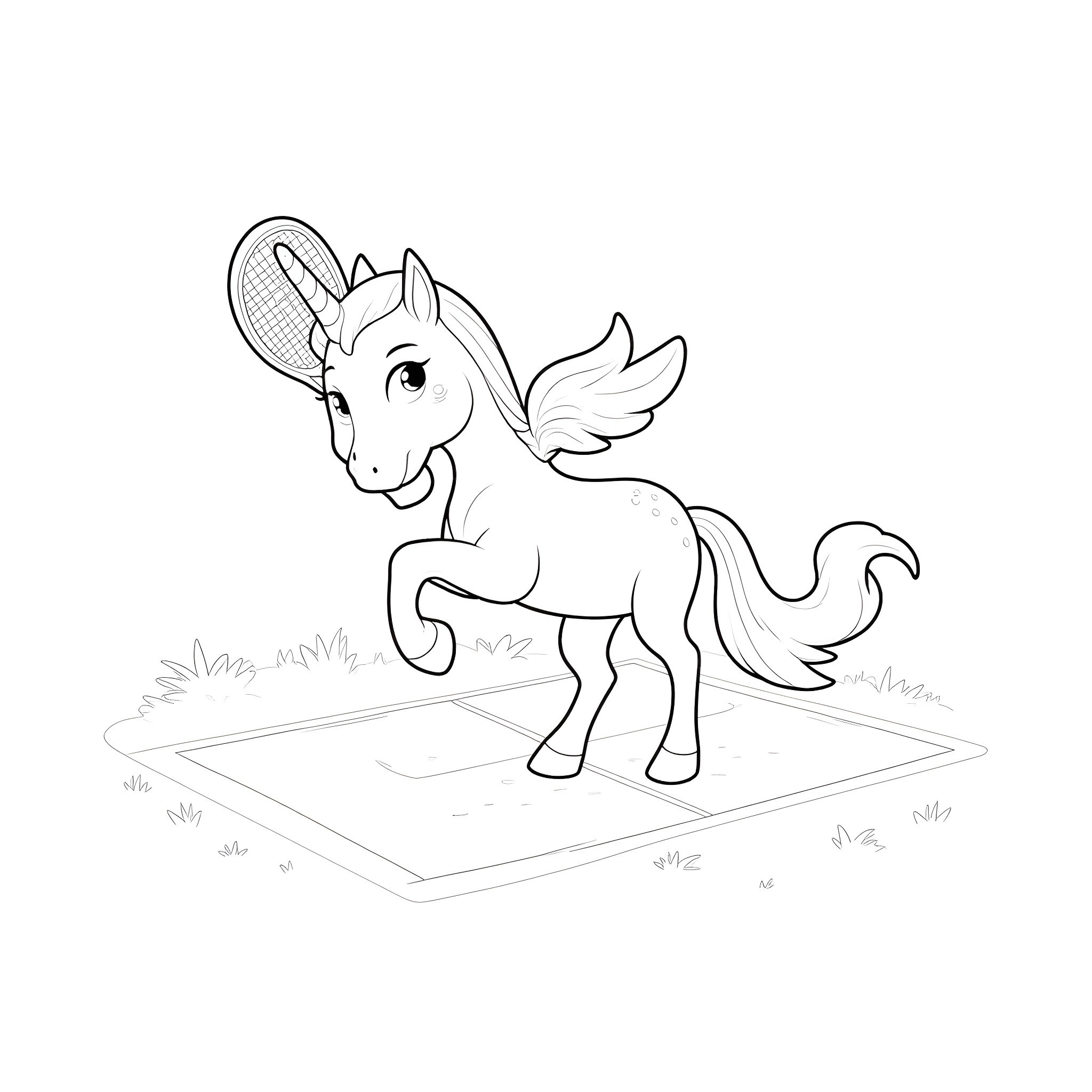 Unicorn playing happily with a butterfly net Coloring Page (free black-and-white line drawing printable PDF for all, from beginners to advanced learners, including children, teens, adults, and seniors)