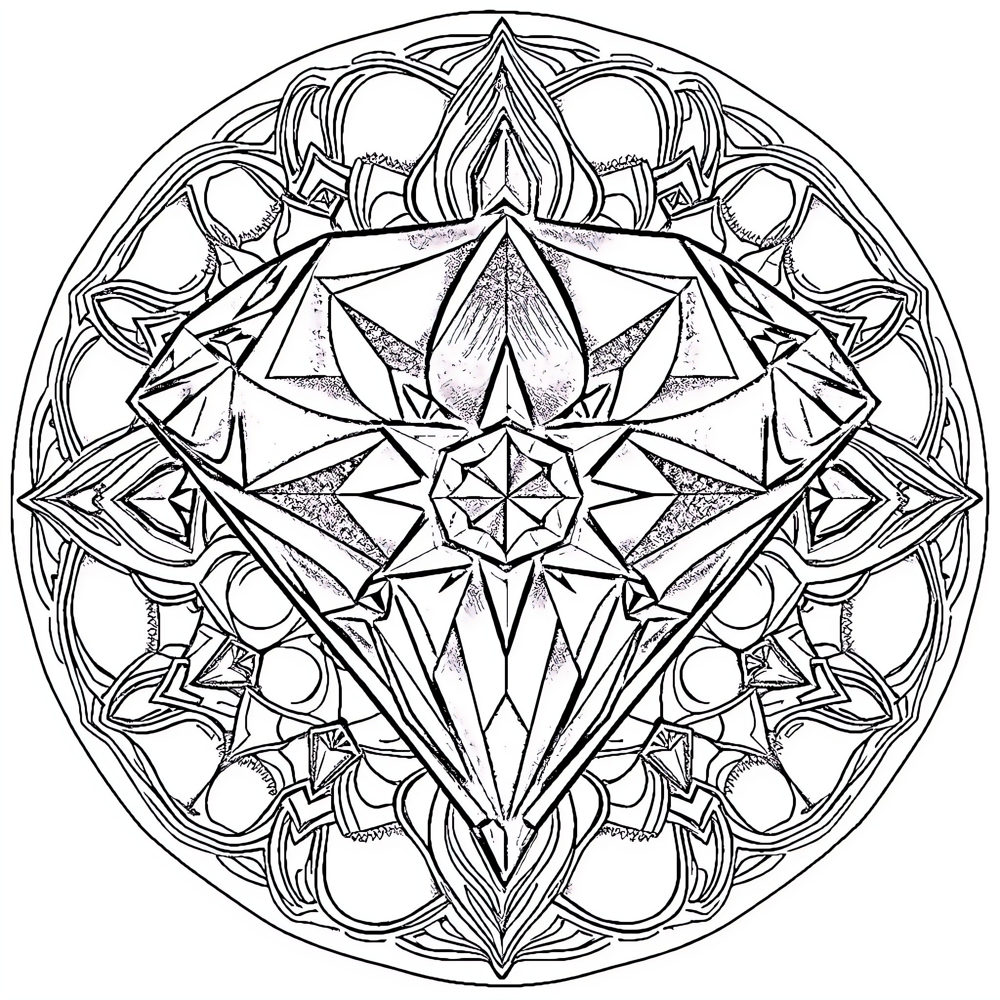 Diamond-Shaped Geometric Mandala Design Coloring Page (free black-and-white line drawing printable PDF for all, from beginners to advanced learners, including children, teens, adults, and seniors)