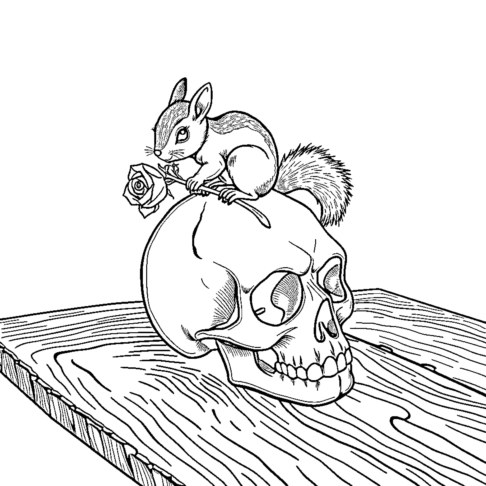 Skull resting with a squirrel and rose Coloring Page (free black-and-white line drawing printable PDF for all, from beginners to advanced learners, including children, teens, adults, and seniors)