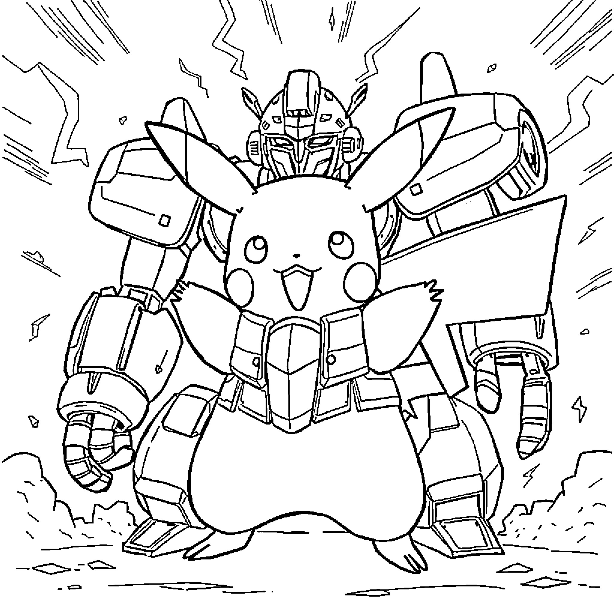 Pikachu in Transformers-style mech suit Coloring Page (free black-and-white line drawing printable PDF for all, from beginners to advanced learners, including children, teens, adults, and seniors)