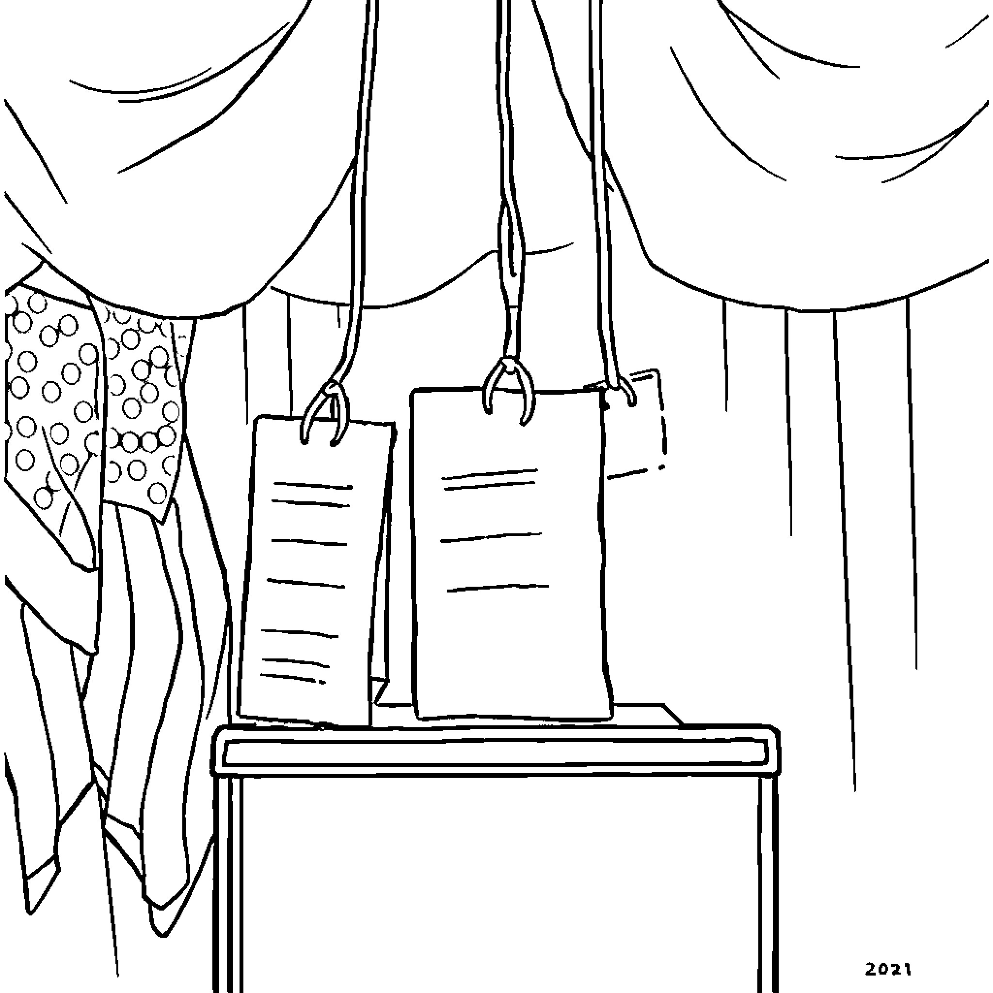 Chad's Clothing Rack with Hanging Tags Coloring Page (free black-and-white line drawing printable PDF for all, from beginners to advanced learners, including children, teens, adults, and seniors)