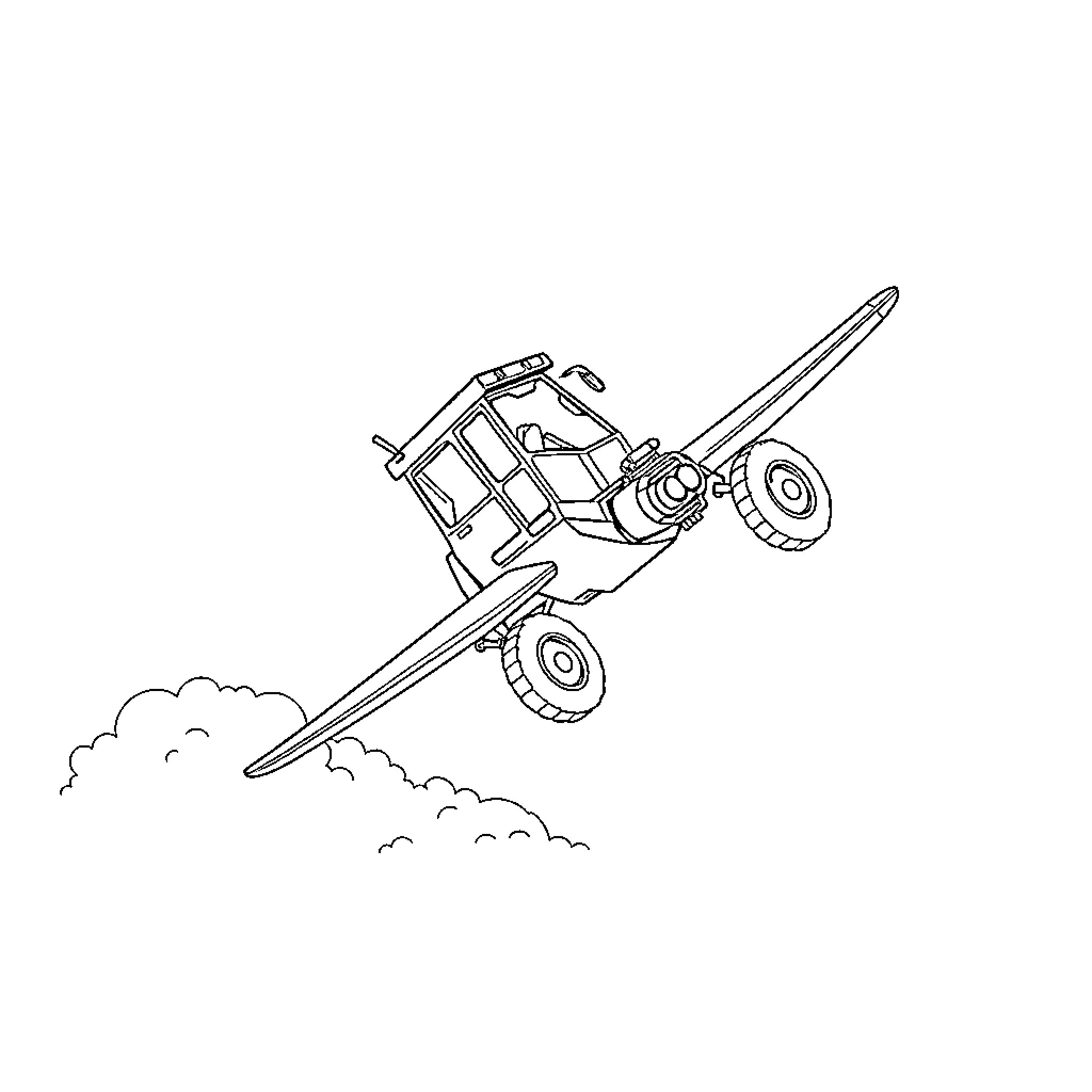 Flying Tractor Soaring Through the Clouds Coloring Page (free black-and-white line drawing printable PDF for all, from beginners to advanced learners, including children, teens, adults, and seniors)