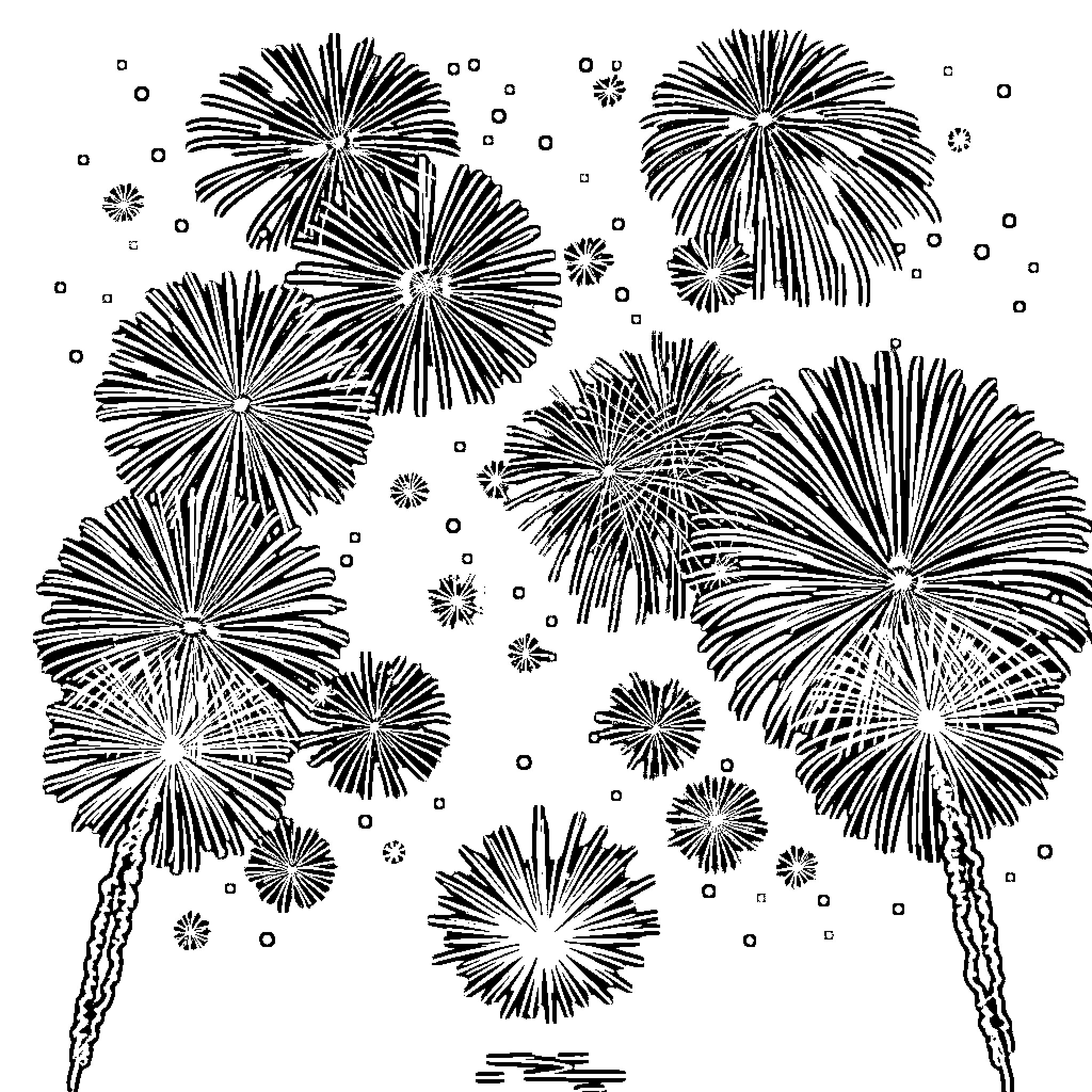 Firework displays in the night sky Coloring Page (free black-and-white line drawing printable PDF for all, from beginners to advanced learners, including children, teens, adults, and seniors)