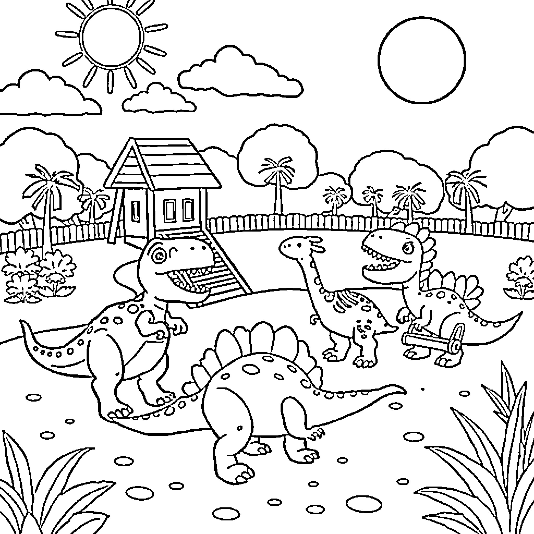 Dinosaurs Playing in a Tropical Landscape Coloring Page (free black-and-white line drawing printable PDF for all, from beginners to advanced learners, including children, teens, adults, and seniors)