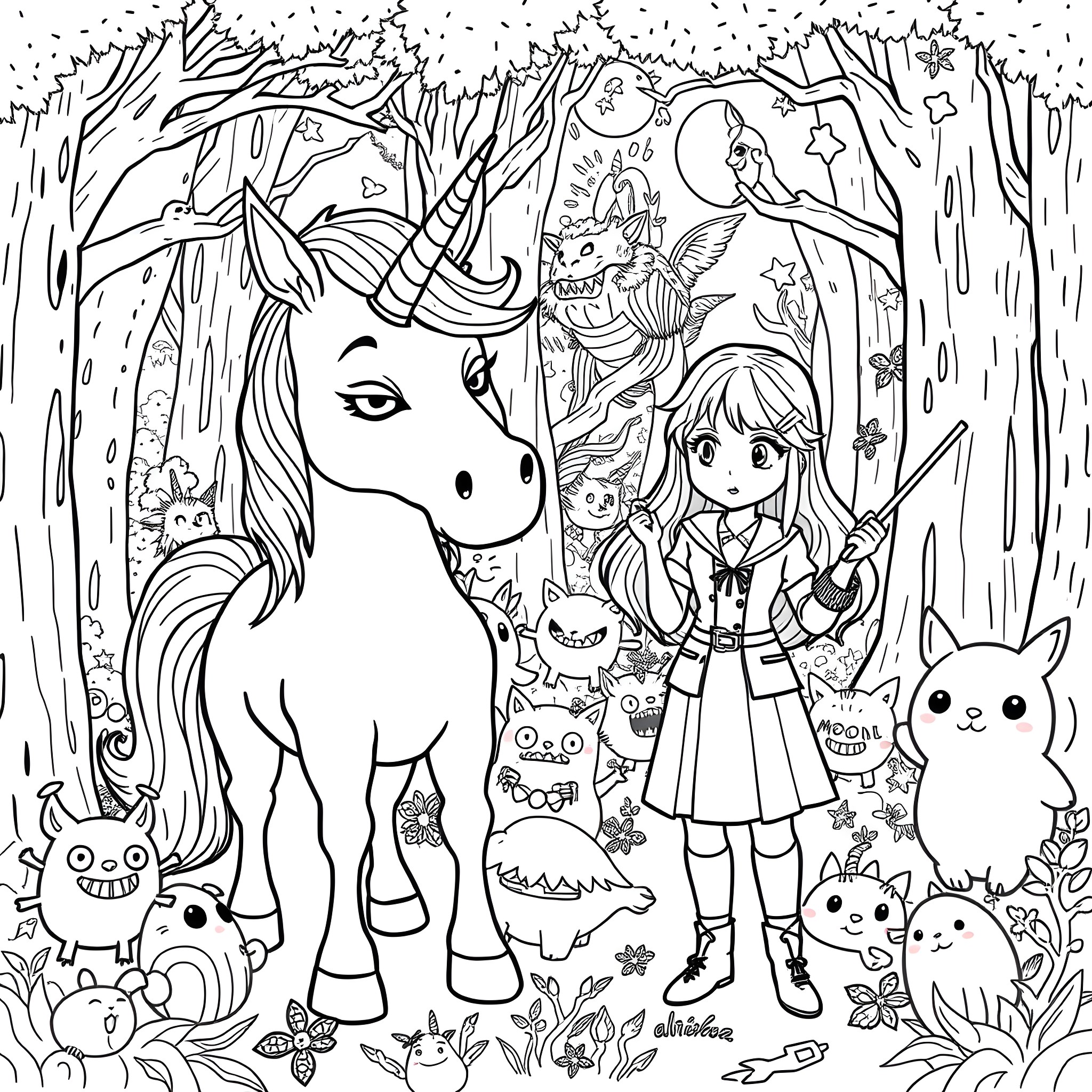 Unicorn and Girl Exploring the Enchanted Forest Coloring Page (free black-and-white line drawing printable PDF for all, from beginners to advanced learners, including children, teens, adults, and seniors)