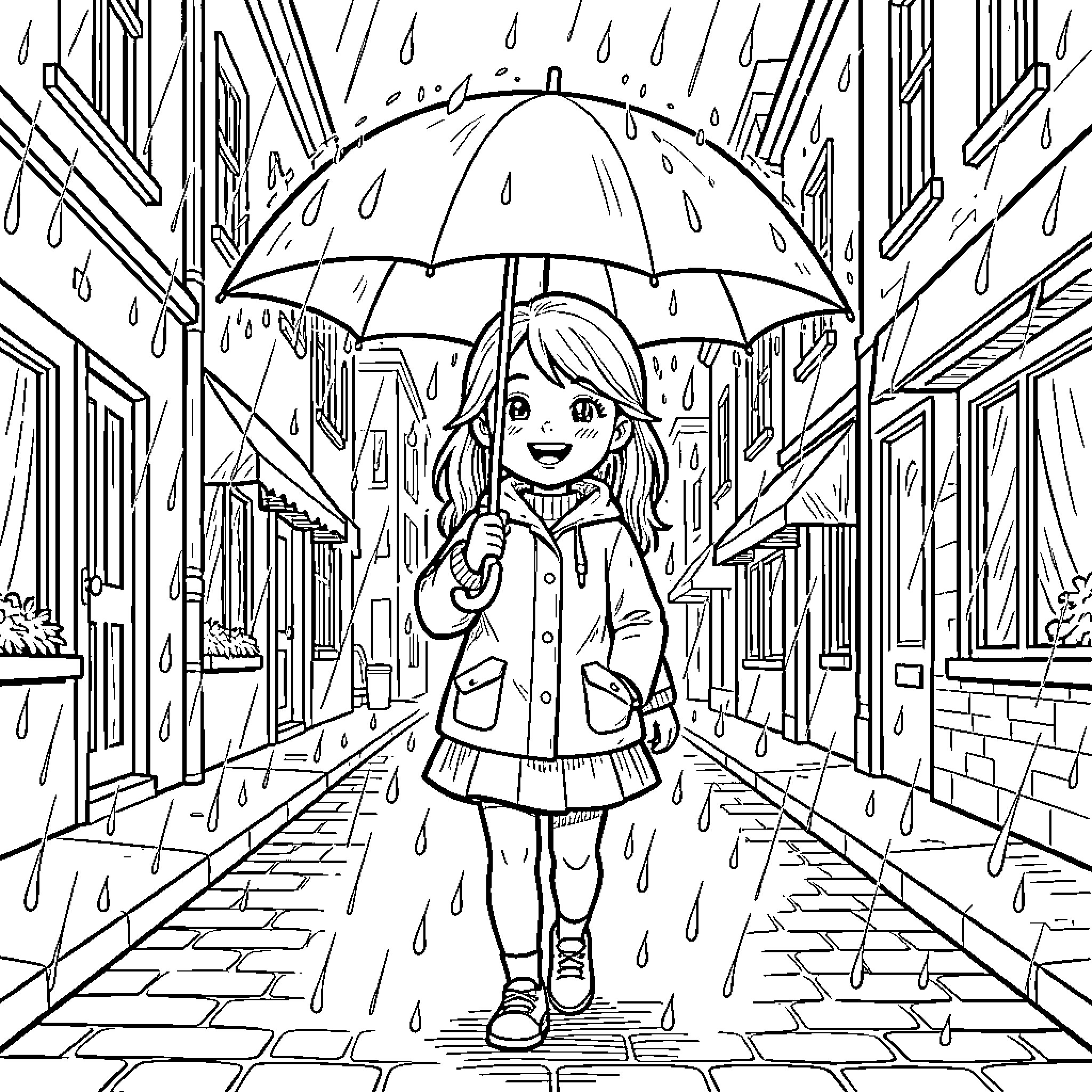 Girl walking in the rain with an umbrella Coloring Page (free black-and-white line drawing printable PDF for all, from beginners to advanced learners, including children, teens, adults, and seniors)