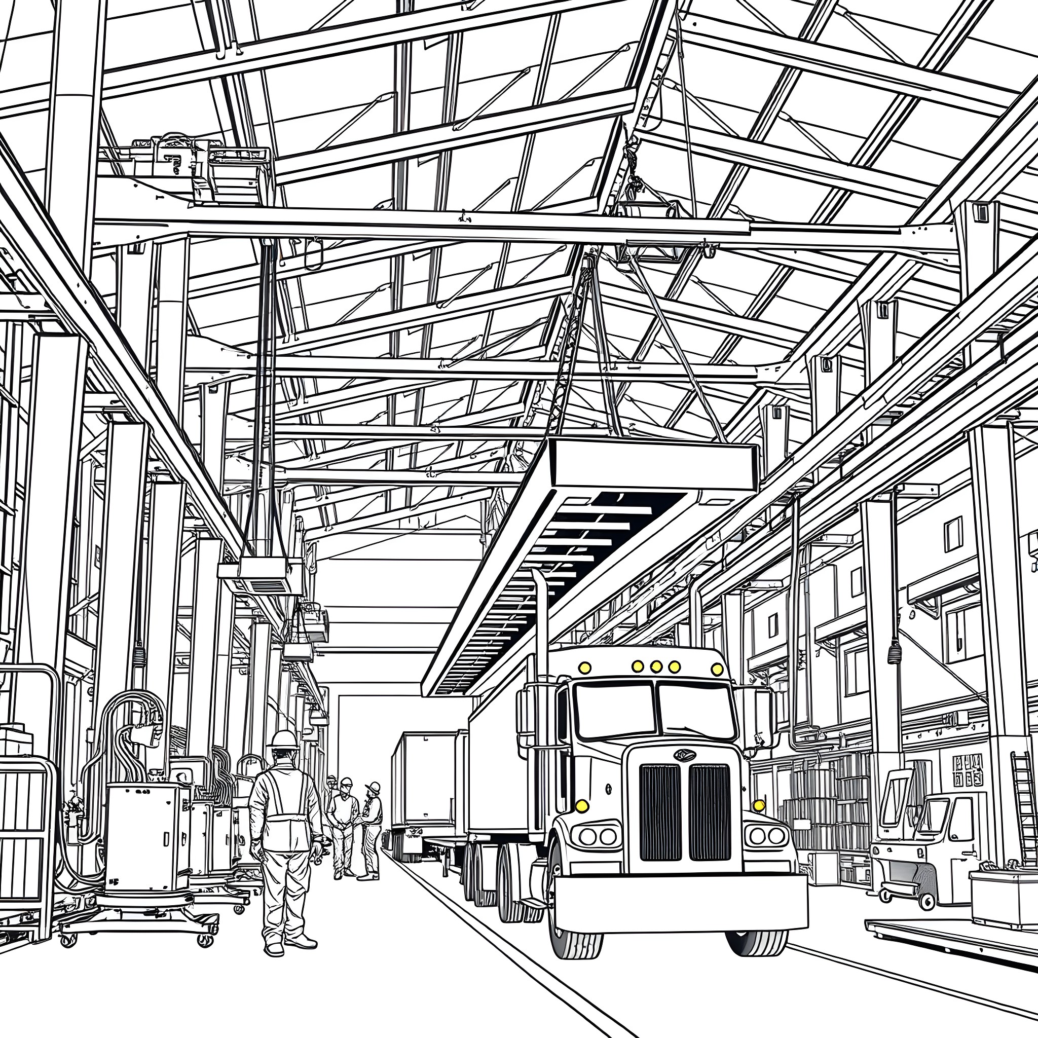 Warehouse with Busy Workers and Truck Coloring Page (free black-and-white line drawing printable PDF for all, from beginners to advanced learners, including children, teens, adults, and seniors)