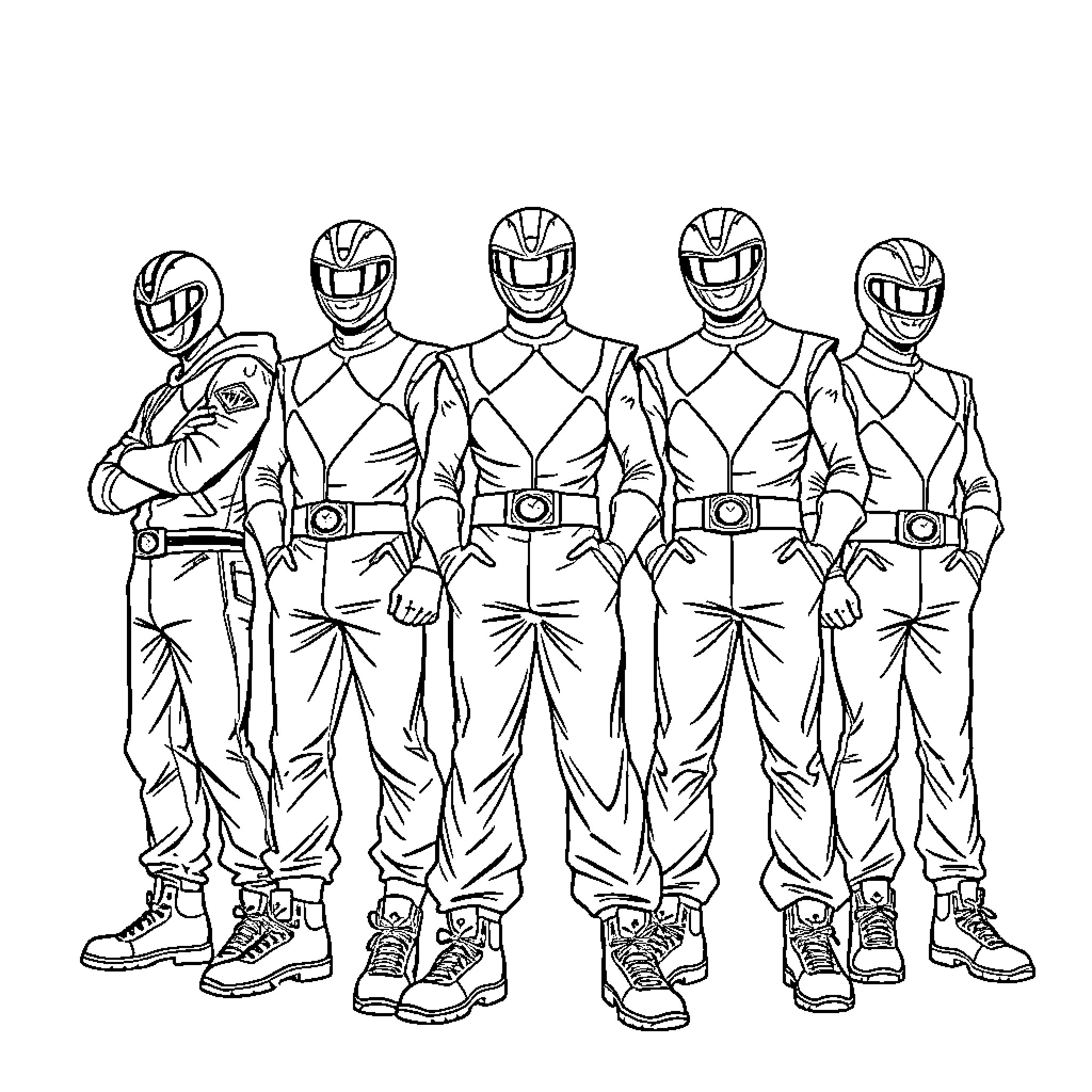 Power Rangers Strike a Heroic Pose Coloring Page (free black-and-white line drawing printable PDF for all, from beginners to advanced learners, including children, teens, adults, and seniors)