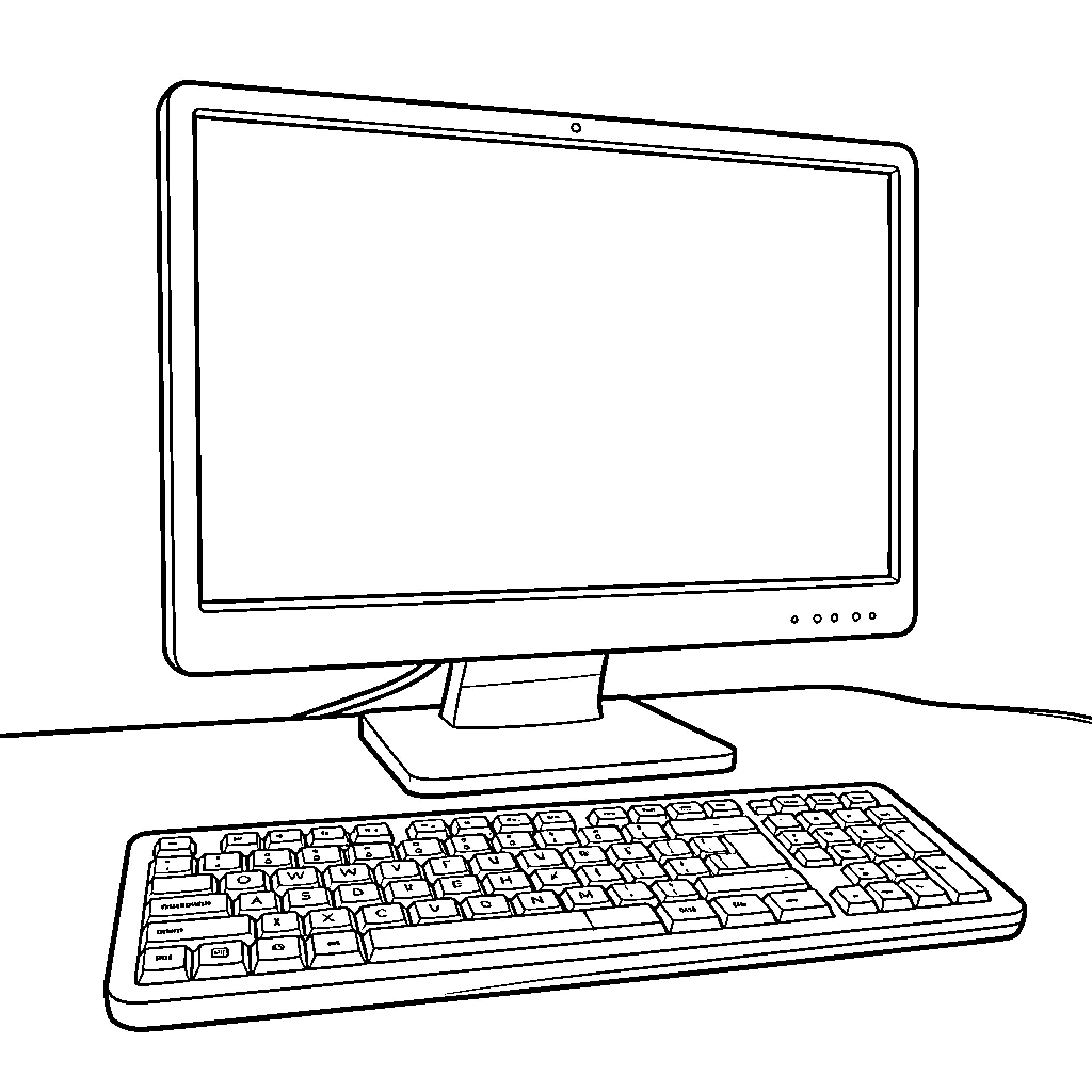 Computer with keyboard displayed Coloring Page (free black-and-white line drawing printable PDF for all, from beginners to advanced learners, including children, teens, adults, and seniors)
