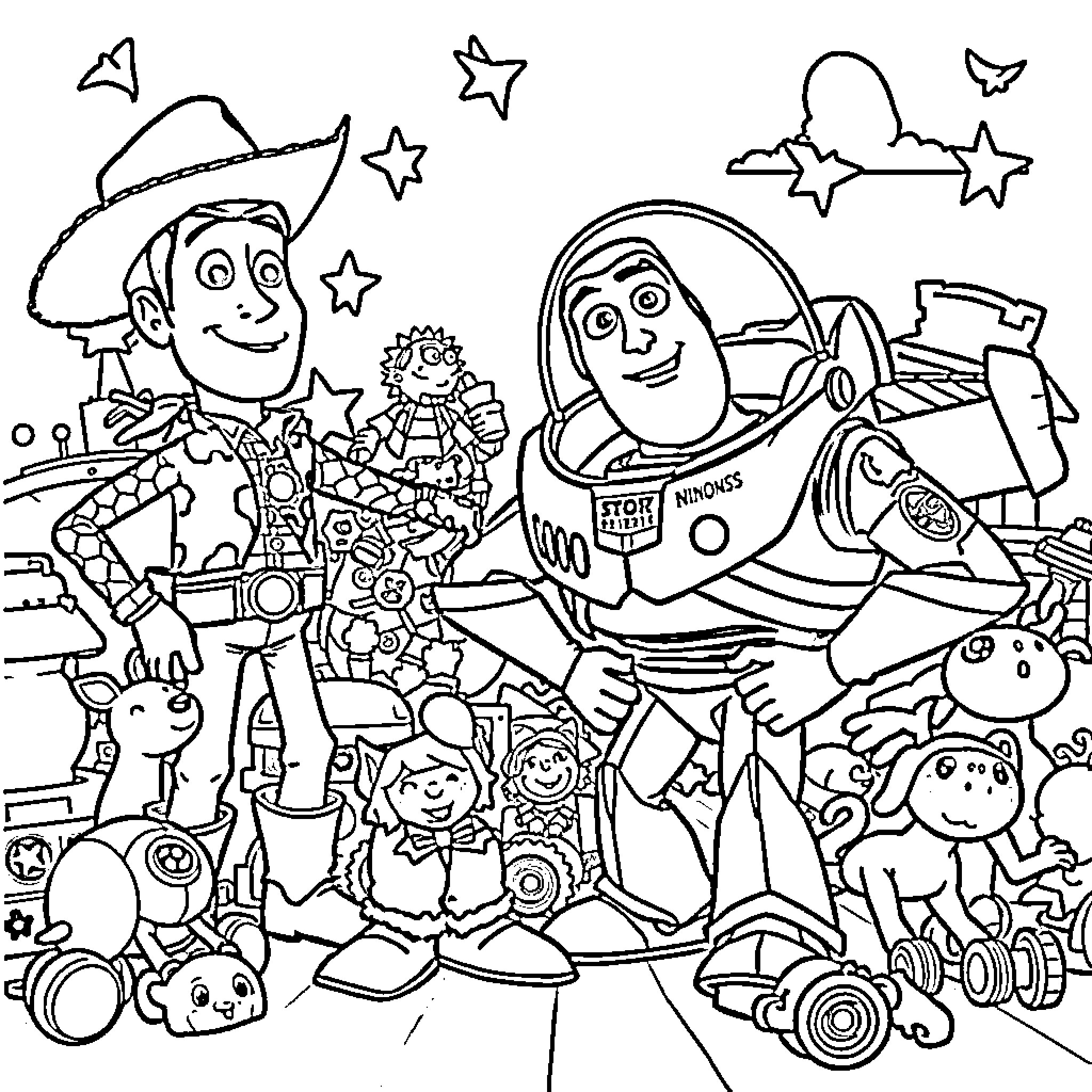 Toy characters in an animated scene Coloring Page (free black-and-white line drawing printable PDF for all, from beginners to advanced learners, including children, teens, adults, and seniors)
