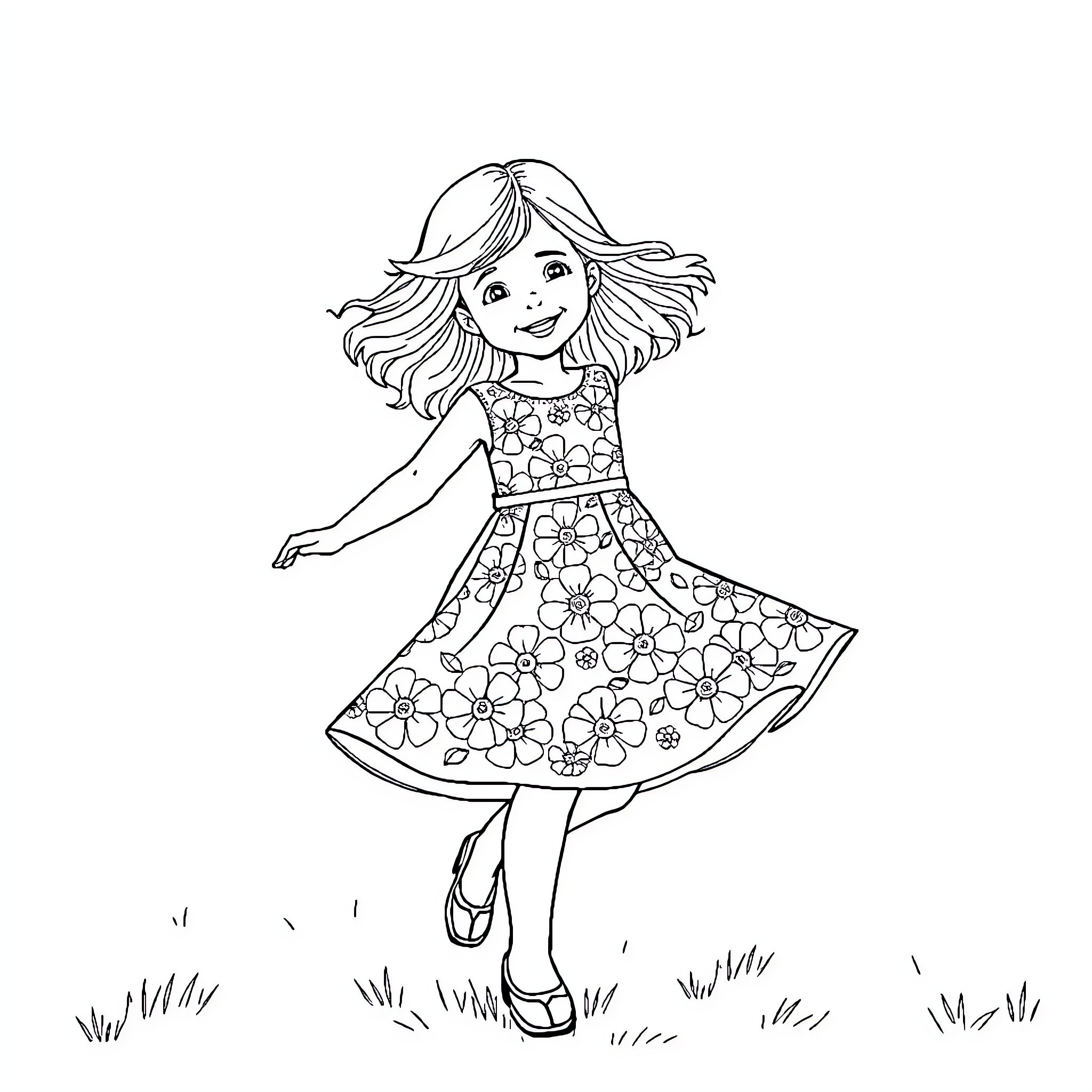 Girl happily dancing in a flowery dress Coloring Page (free black-and-white line drawing printable PDF for all, from beginners to advanced learners, including children, teens, adults, and seniors)