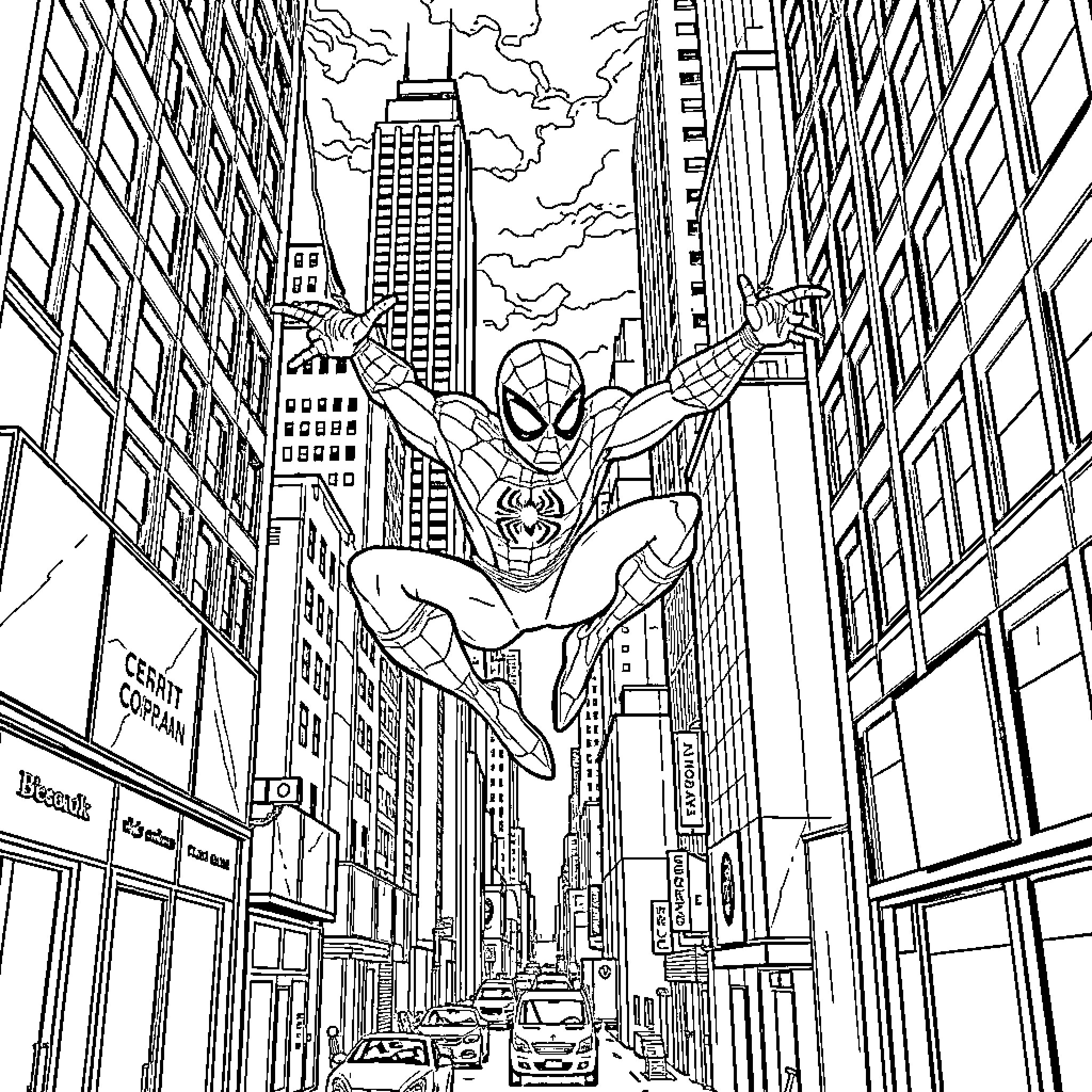 Spiderman swinging through the city skyline Coloring Page (free black-and-white line drawing printable PDF for all, from beginners to advanced learners, including children, teens, adults, and seniors)