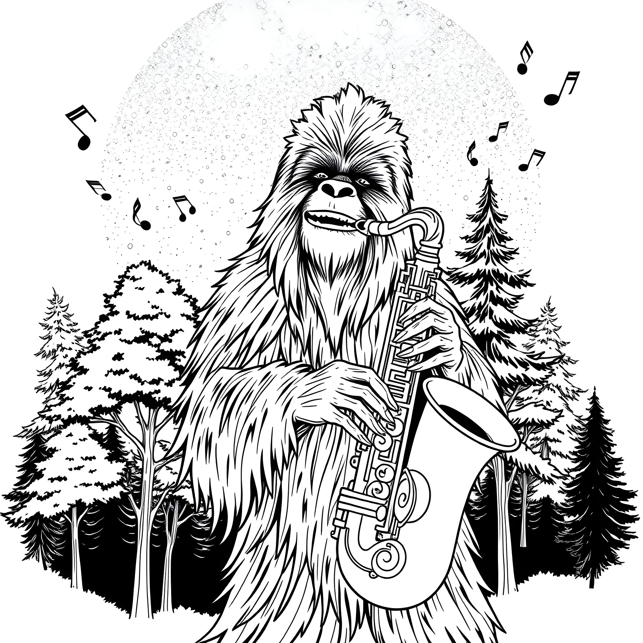 Wookiee playing saxophone in the snowy forest Coloring Page (free black-and-white line drawing printable PDF for all, from beginners to advanced learners, including children, teens, adults, and seniors)