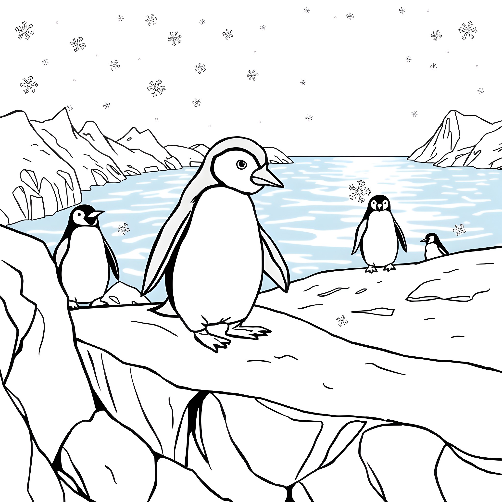 Penguin family in snowy landscape Coloring Page (free black-and-white line drawing printable PDF for all, from beginners to advanced learners, including children, teens, adults, and seniors)