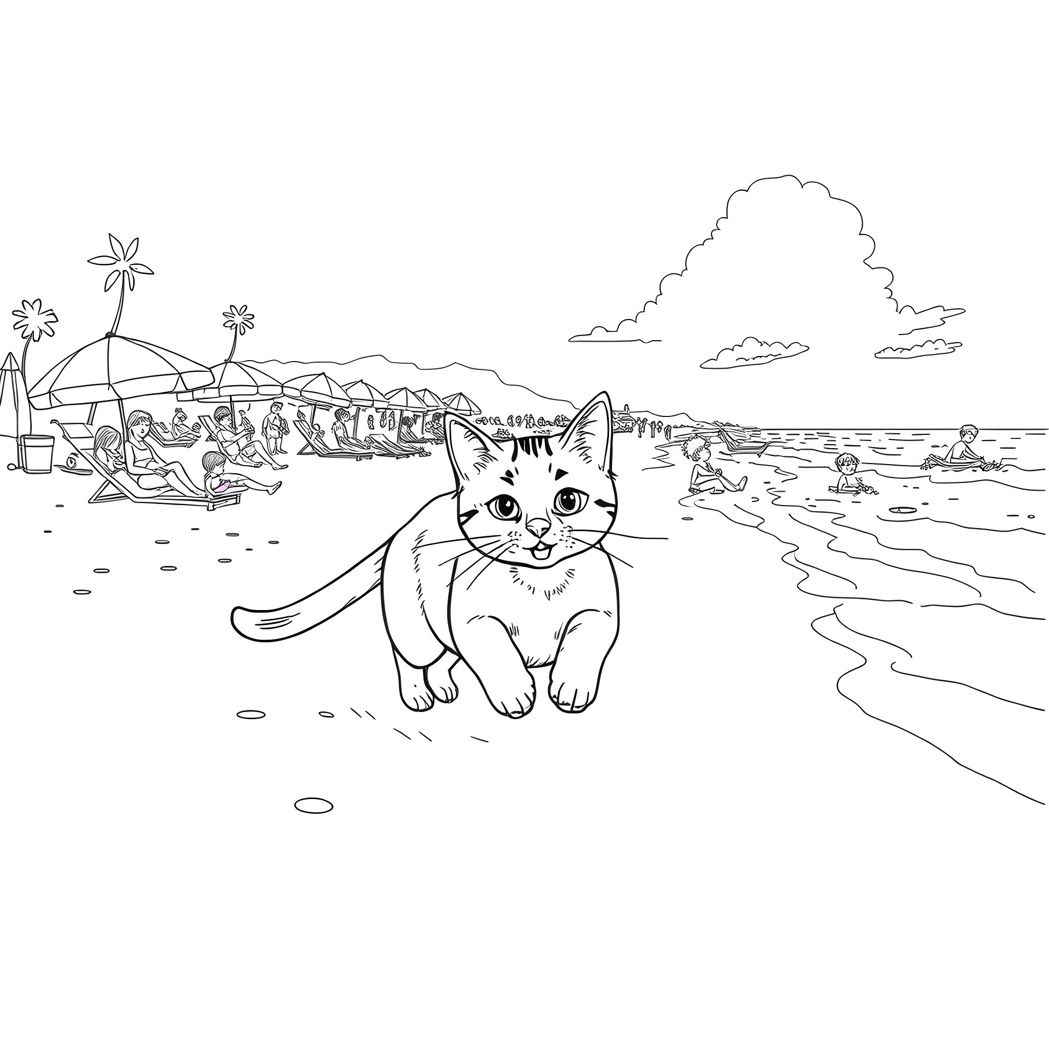Cat exploring the sunny beach Coloring Page (free black-and-white line drawing printable PDF for all, from beginners to advanced learners, including children, teens, adults, and seniors)