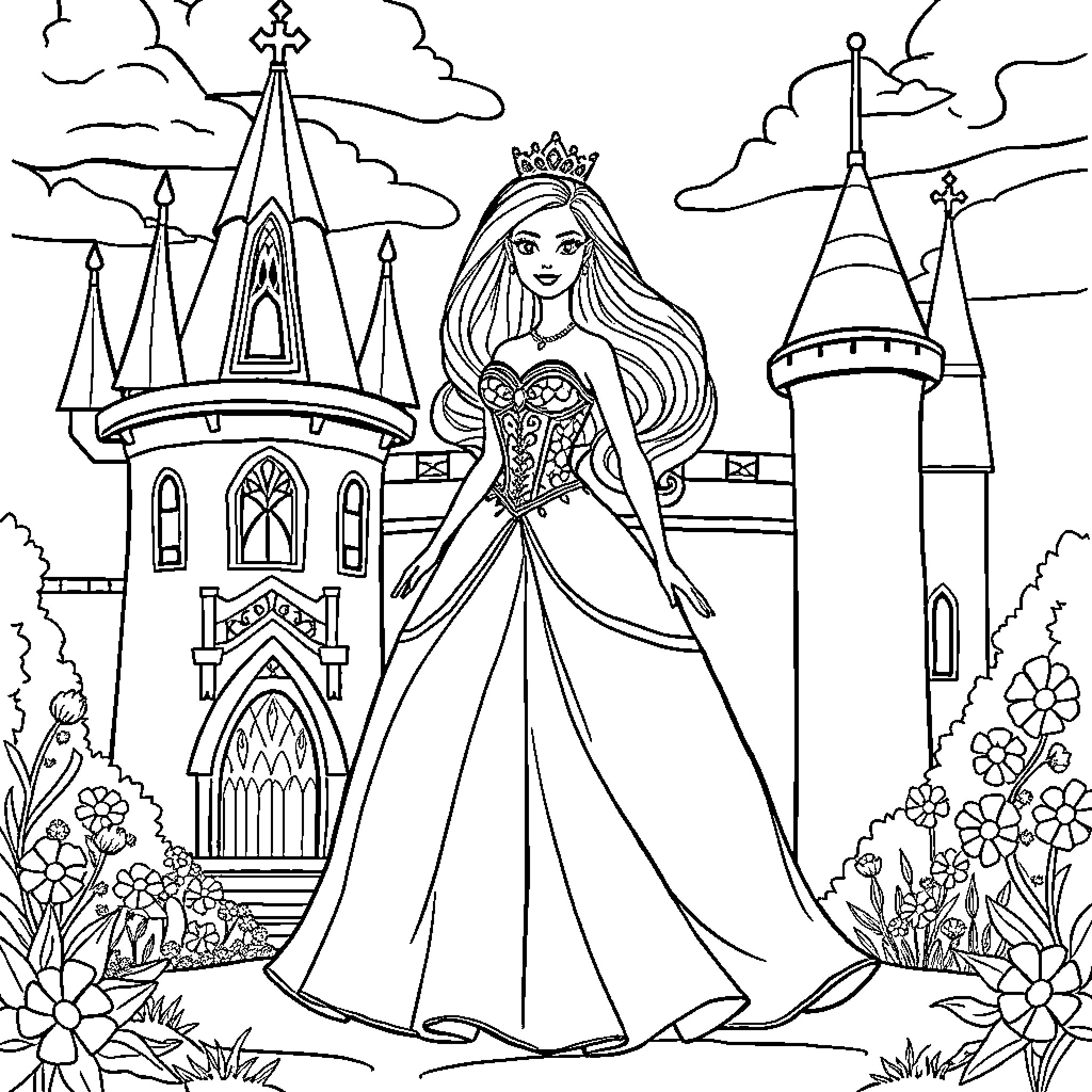 Princess Barbie standing before a magical castle Coloring Page (free black-and-white line drawing printable PDF for all, from beginners to advanced learners, including children, teens, adults, and seniors)