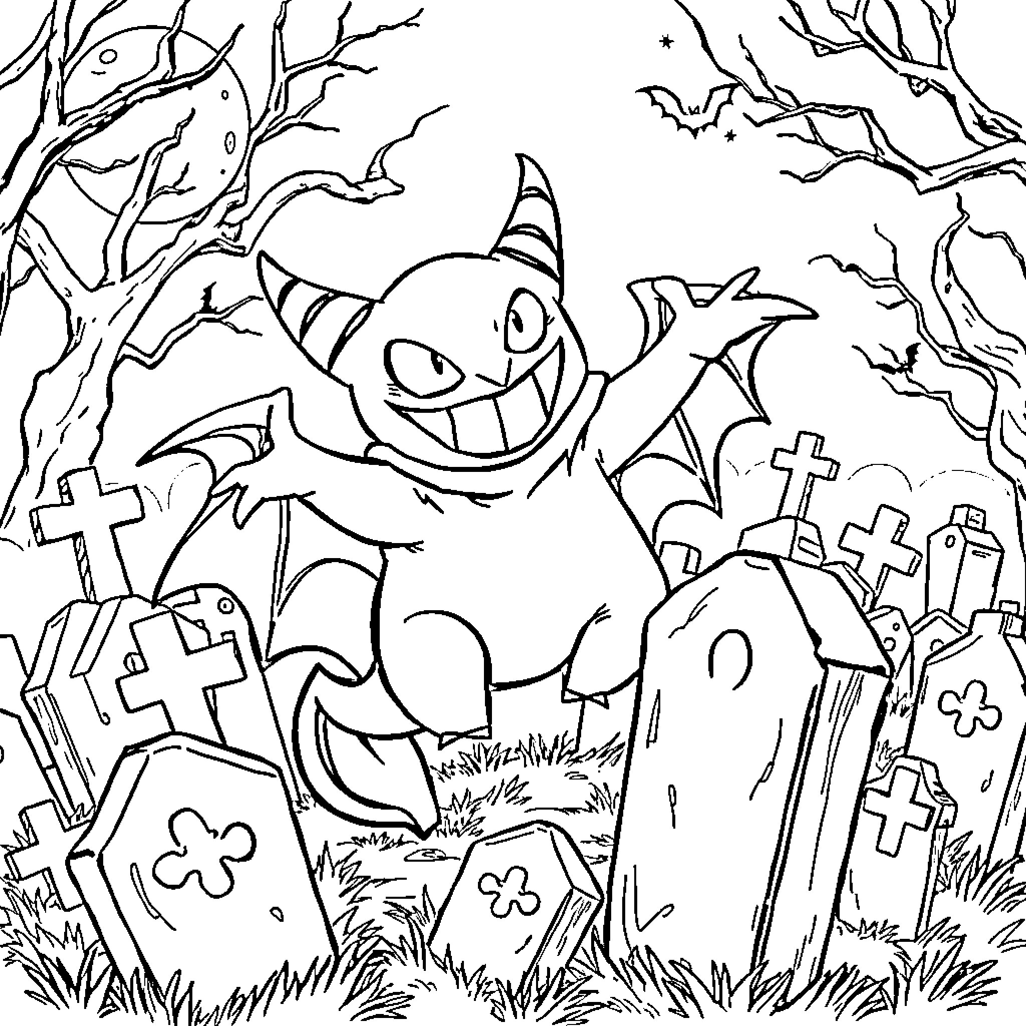 Gengar's Spooky Graveyard Adventure Coloring Page (free black-and-white line drawing printable PDF for all, from beginners to advanced learners, including children, teens, adults, and seniors)