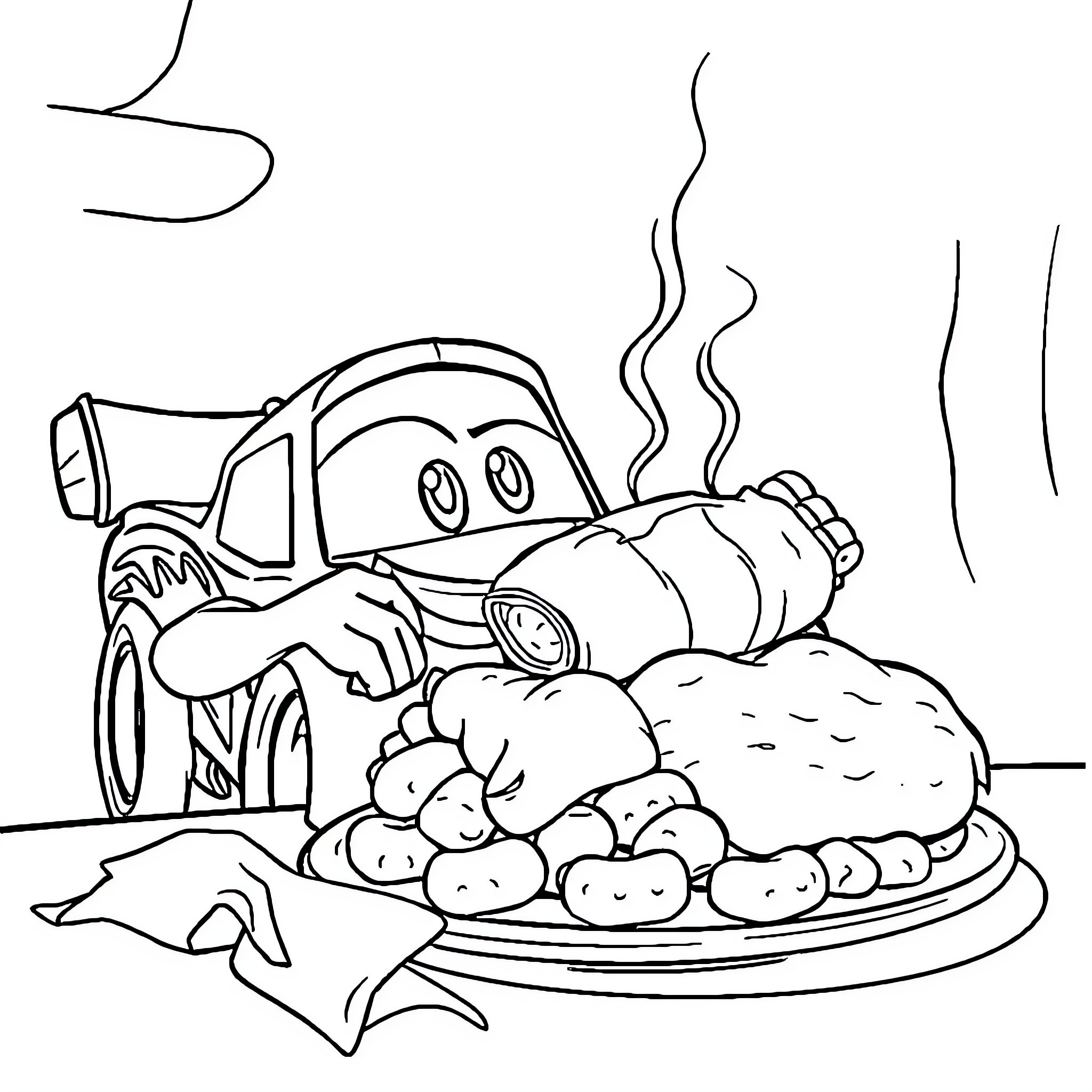 McQueen's Hearty Feast Coloring Page (free black-and-white line drawing printable PDF for all, from beginners to advanced learners, including children, teens, adults, and seniors)