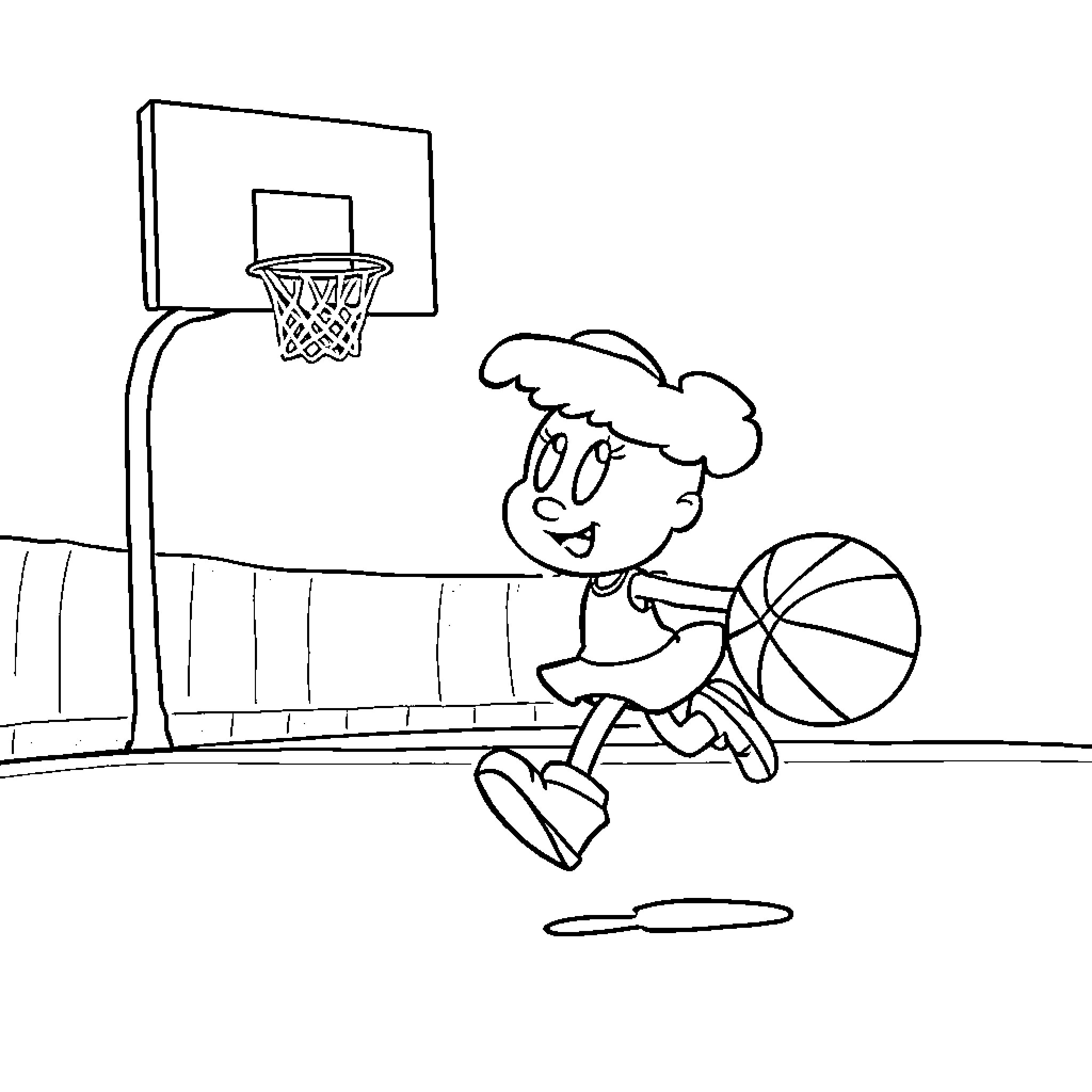 Poppy playing basketball on the court Coloring Page (free black-and-white line drawing printable PDF for all, from beginners to advanced learners, including children, teens, adults, and seniors)