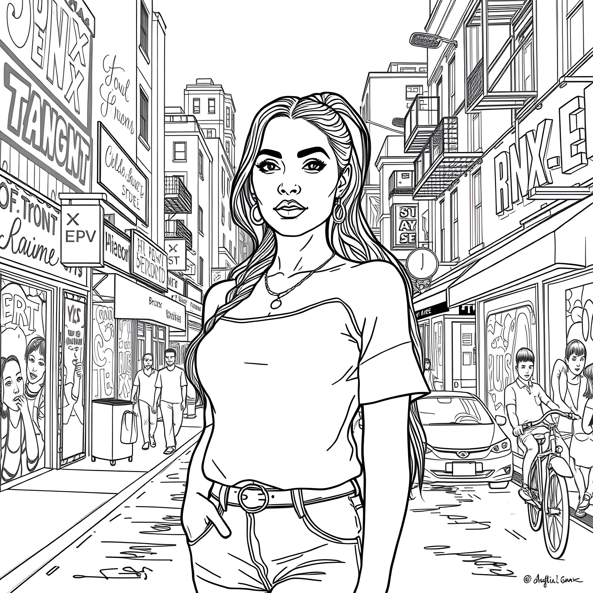 Woman standing in a bustling city street Coloring Page (free black-and-white line drawing printable PDF for all, from beginners to advanced learners, including children, teens, adults, and seniors)