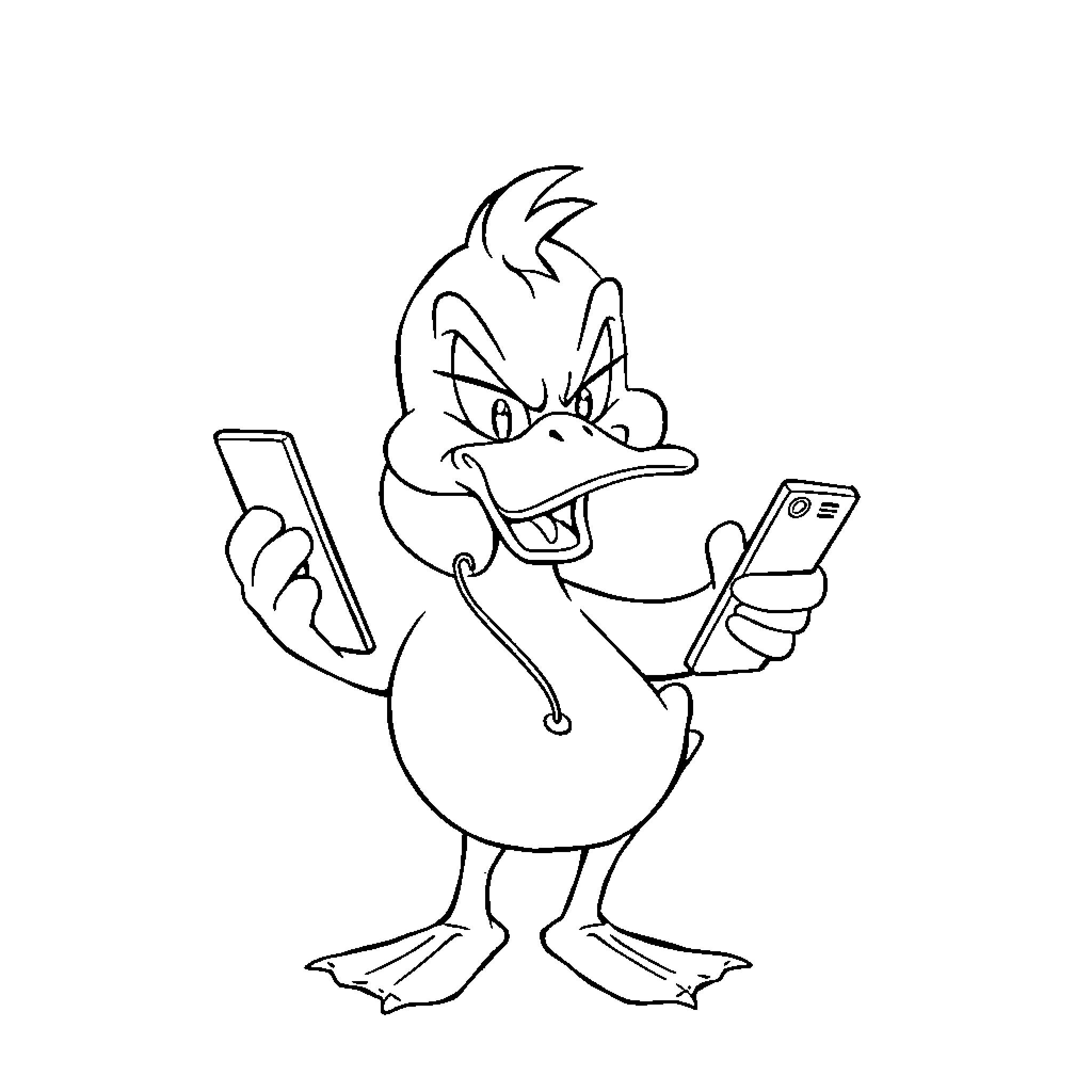 Duck using smartphones with mischievous expression Coloring Page (free black-and-white line drawing printable PDF for all, from beginners to advanced learners, including children, teens, adults, and seniors)