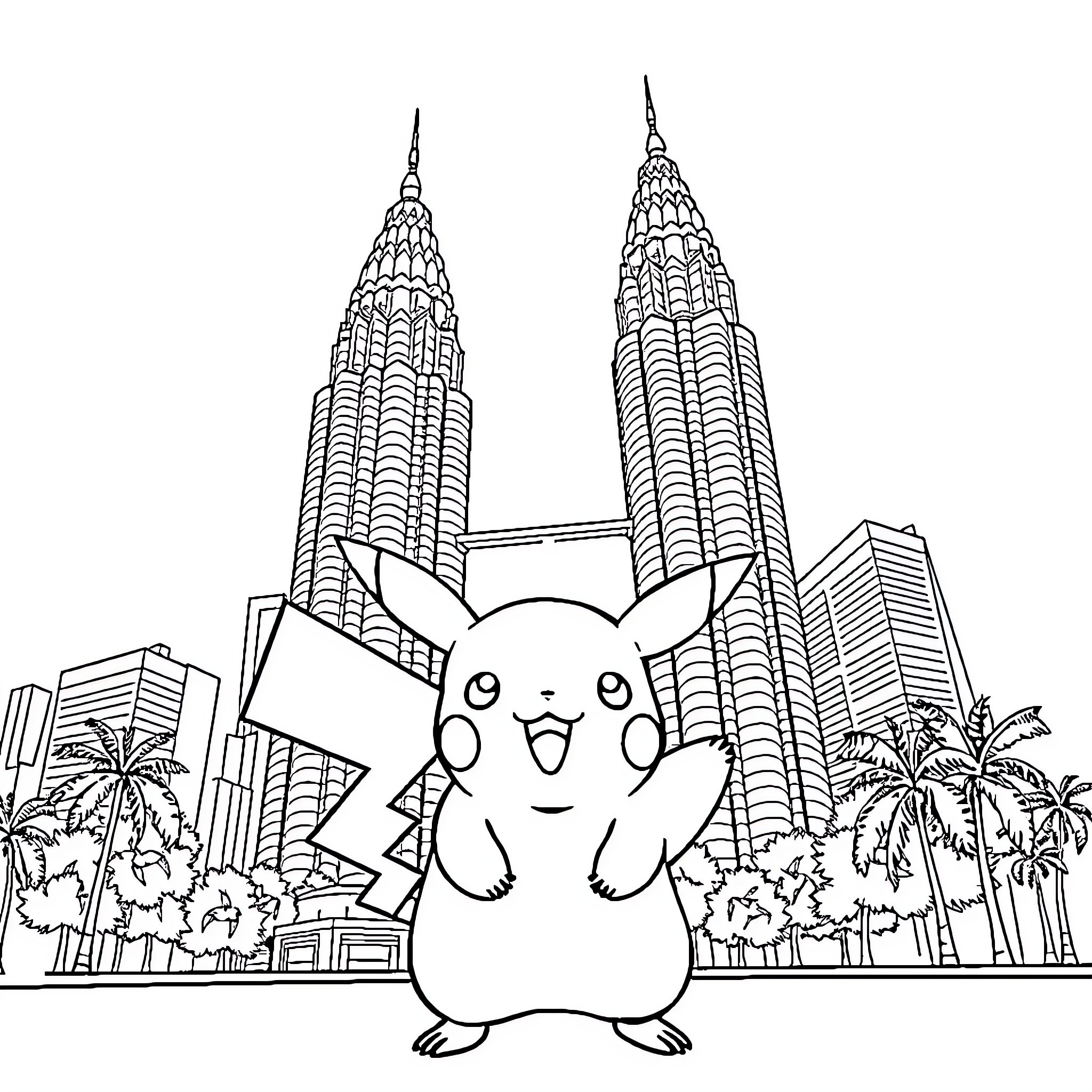 Pikachu explores the iconic Petronas Towers Coloring Page (free black-and-white line drawing printable PDF for all, from beginners to advanced learners, including children, teens, adults, and seniors)