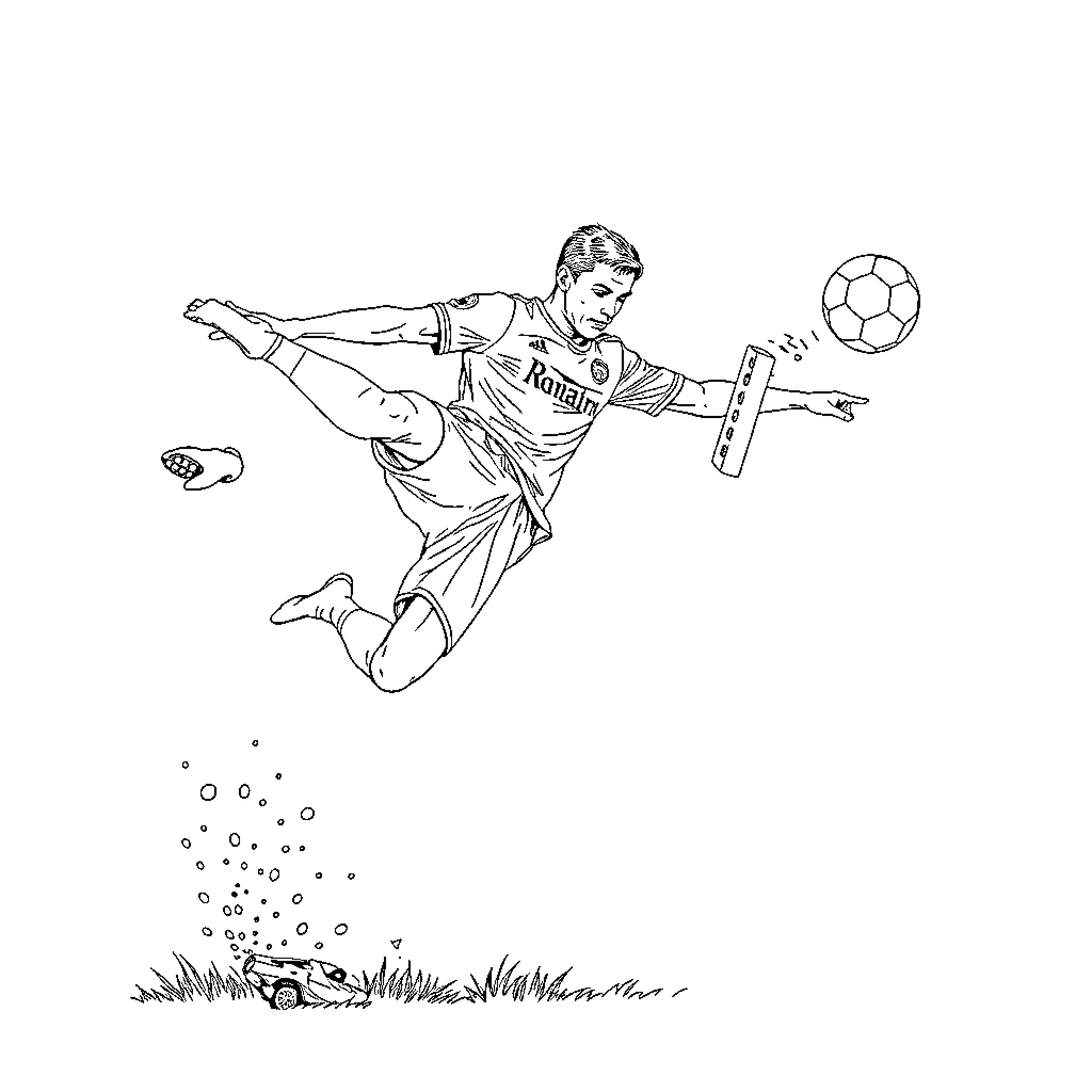 Ronaldo performing acrobatic soccer move Coloring Page (free black-and-white line drawing printable PDF for all, from beginners to advanced learners, including children, teens, adults, and seniors)