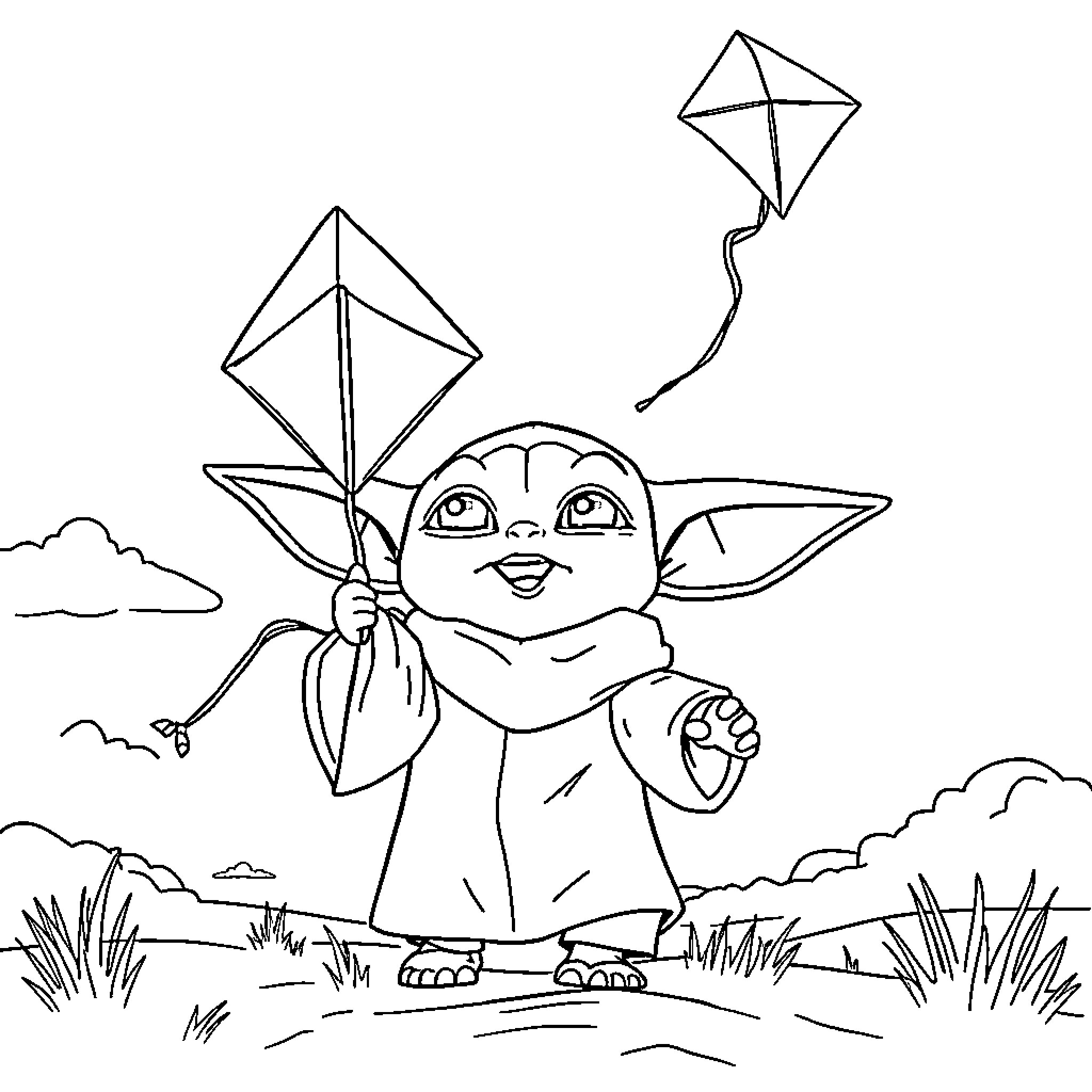Baby Yoda flying a kite in the park Coloring Page (free black-and-white line drawing printable PDF for all, from beginners to advanced learners, including children, teens, adults, and seniors)