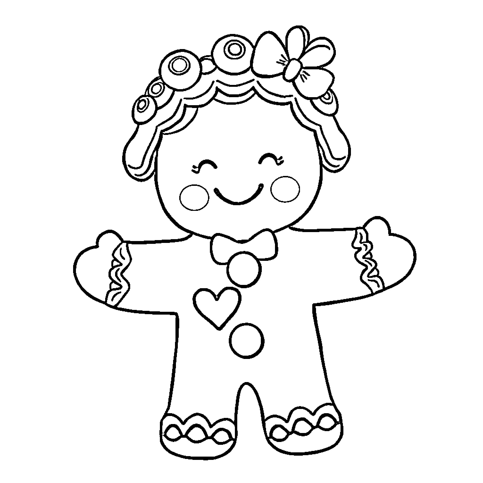 Gingerbread person with decorative outfit and smiling expression Coloring Page (free black-and-white line drawing printable PDF for all, from beginners to advanced learners, including children, teens, adults, and seniors)
