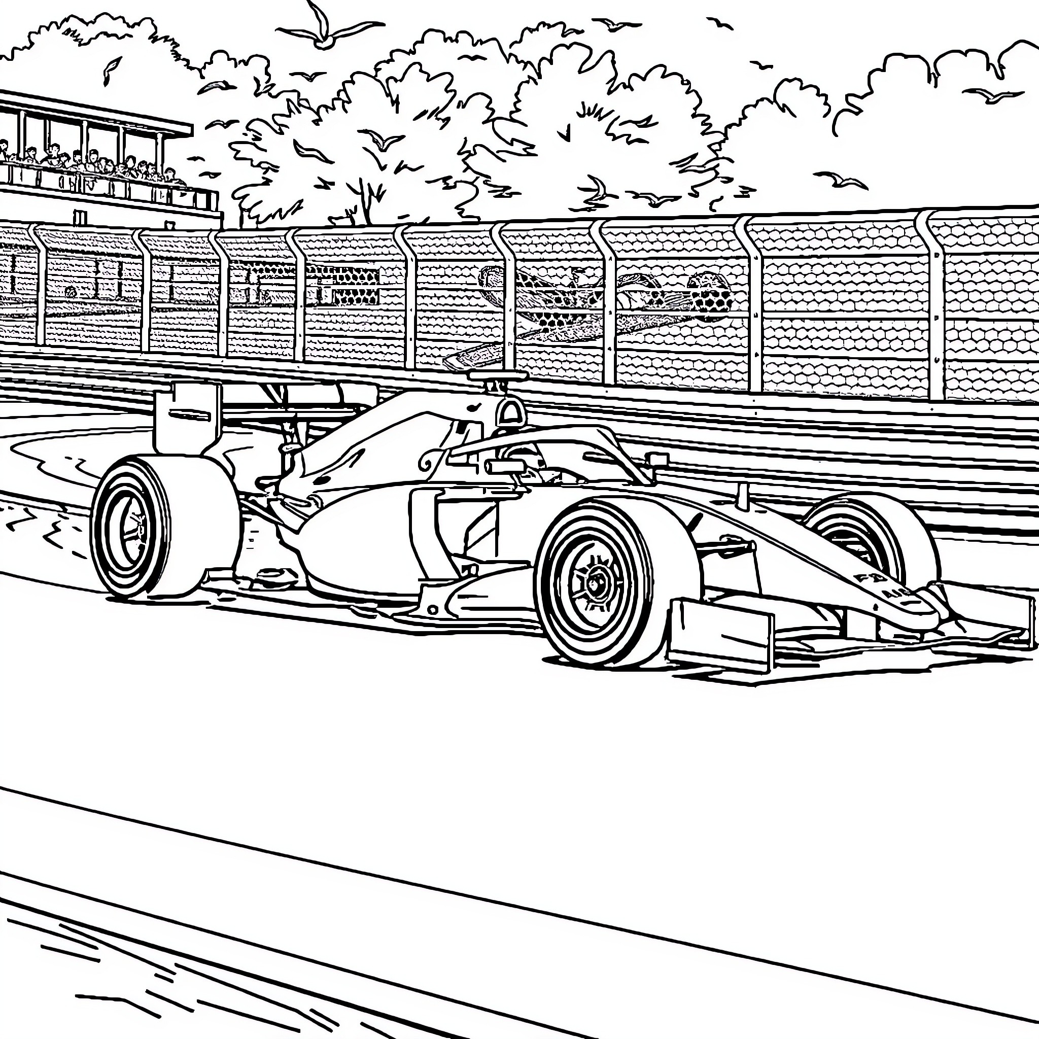 F1 Car racing on circuit with grandstand Coloring Page (free black-and-white line drawing printable PDF for all, from beginners to advanced learners, including children, teens, adults, and seniors)