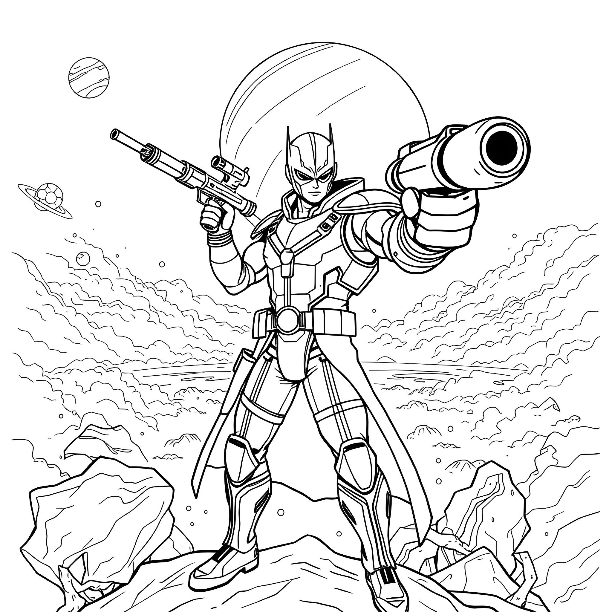 Lord of the Cosmos: Heroic Warrior in Space Coloring Page (free black-and-white line drawing printable PDF for all, from beginners to advanced learners, including children, teens, adults, and seniors)