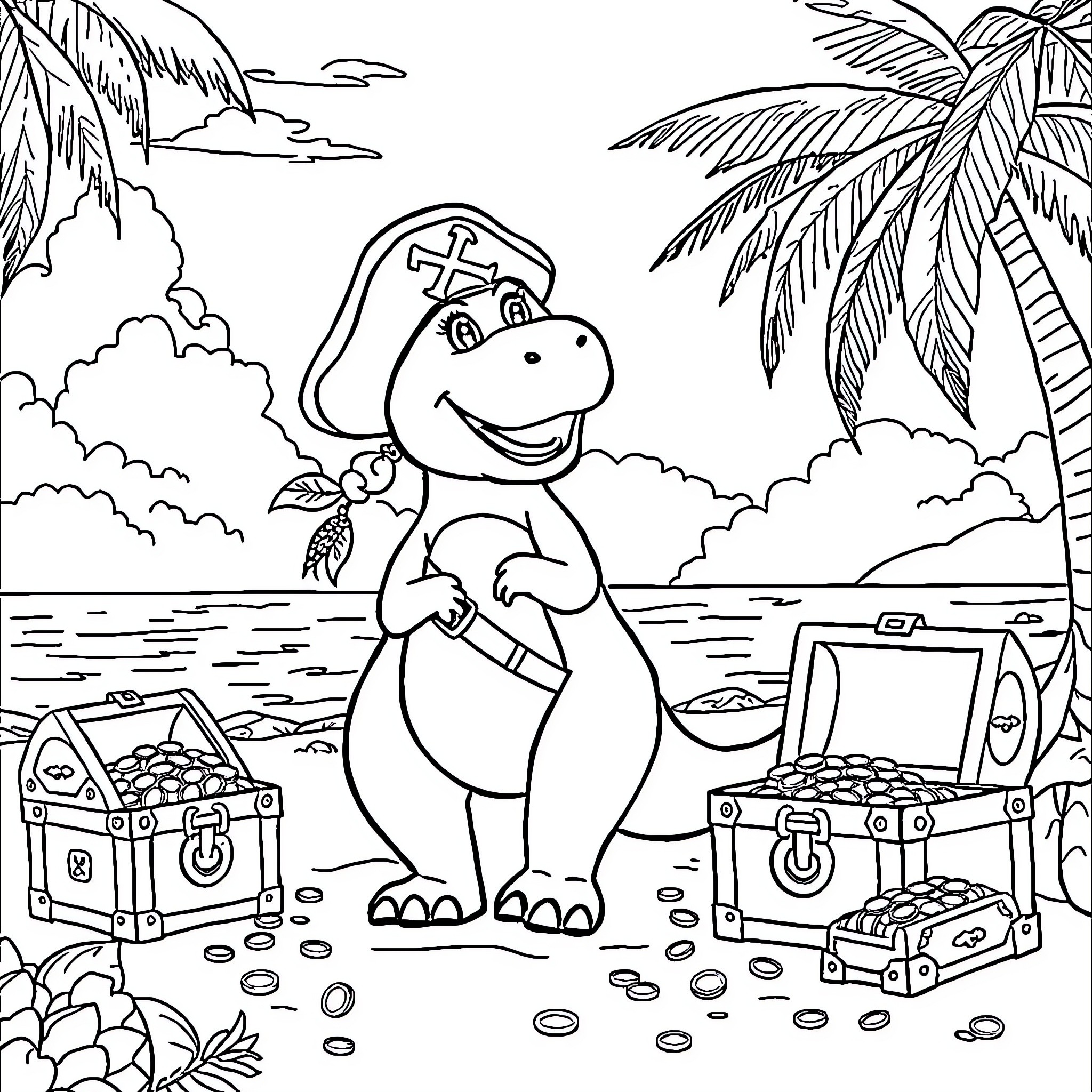 Barney Exploring the Tropical Beach Coloring Page (free black-and-white line drawing printable PDF for all, from beginners to advanced learners, including children, teens, adults, and seniors)