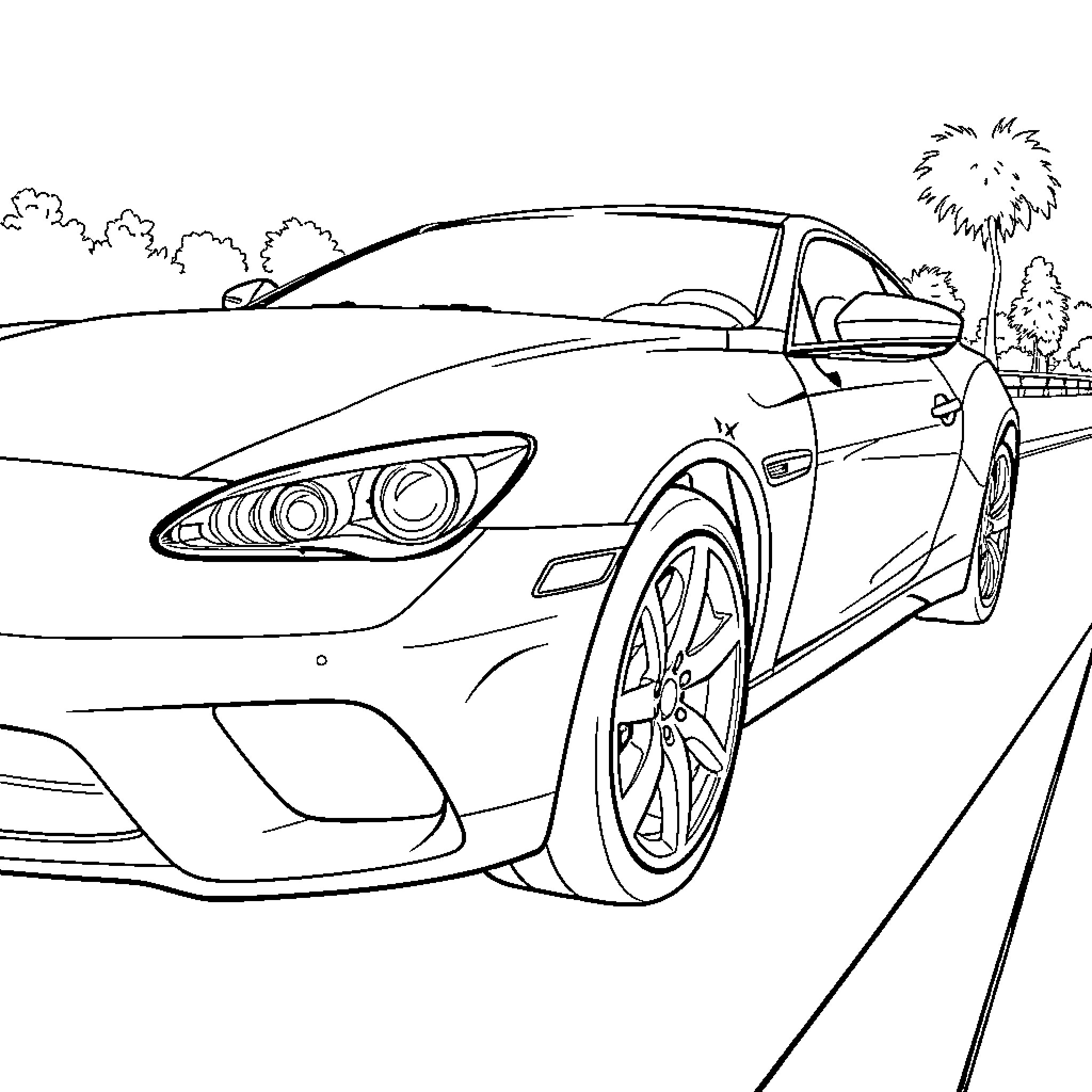 Car speeding down a country road Coloring Page (free black-and-white line drawing printable PDF for all, from beginners to advanced learners, including children, teens, adults, and seniors)