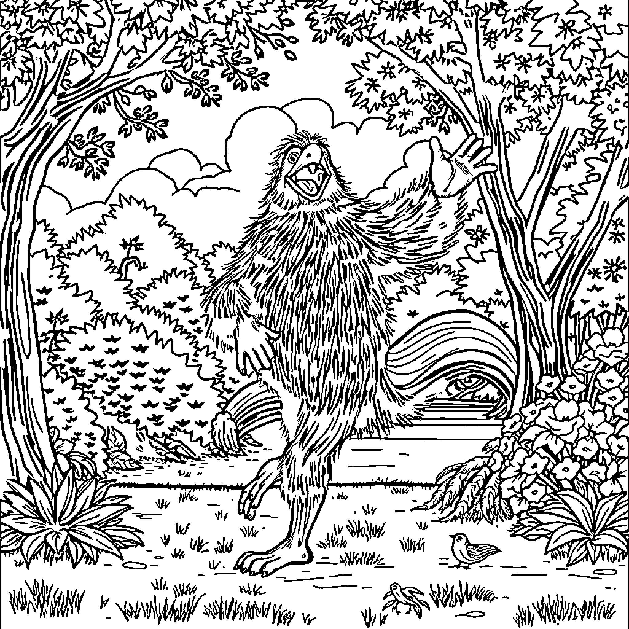 Australian Shepherd Enjoying Nature's Wonders Coloring Page (free black-and-white line drawing printable PDF for all, from beginners to advanced learners, including children, teens, adults, and seniors)