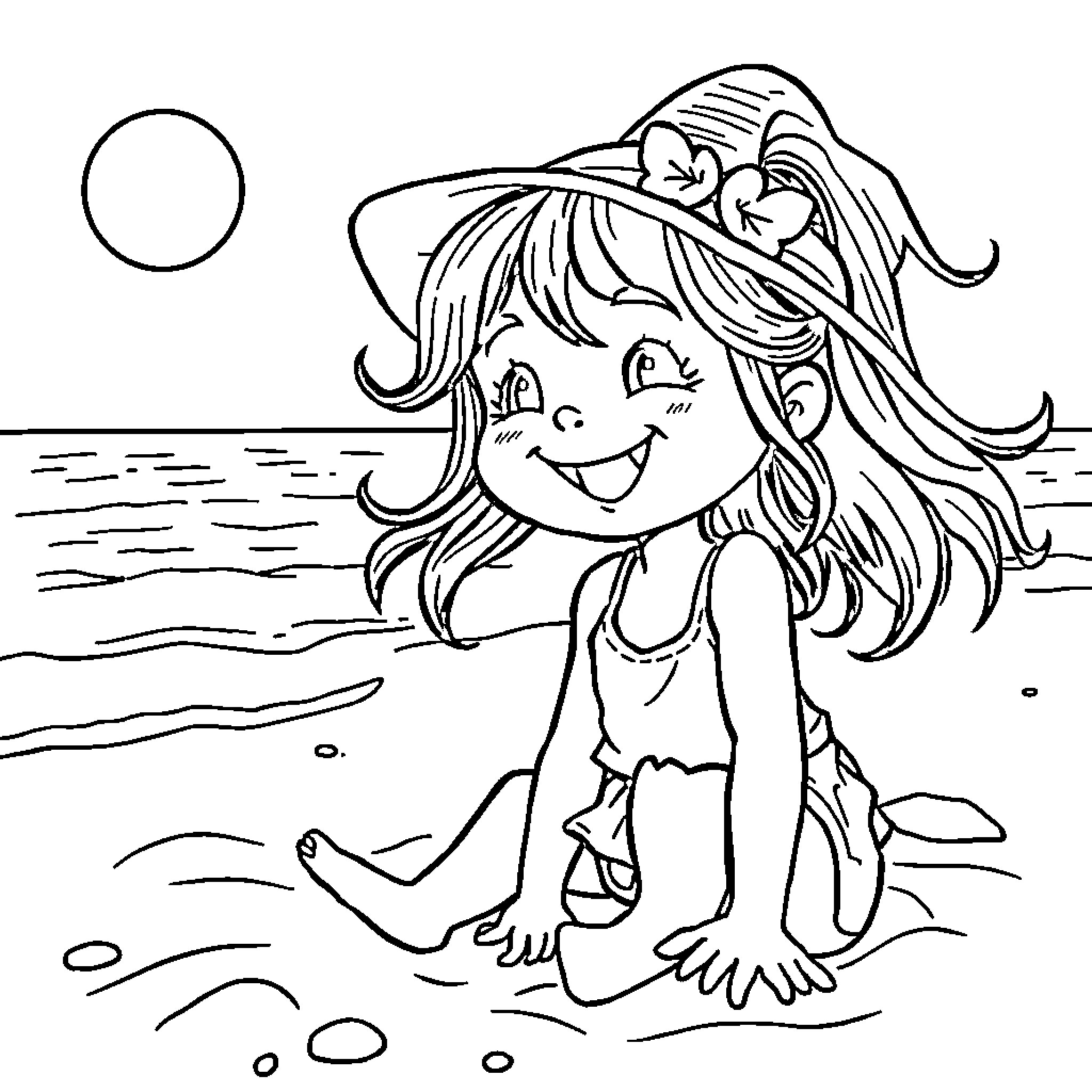 Girl happily playing in the sand at the beach Coloring Page (free black-and-white line drawing printable PDF for all, from beginners to advanced learners, including children, teens, adults, and seniors)