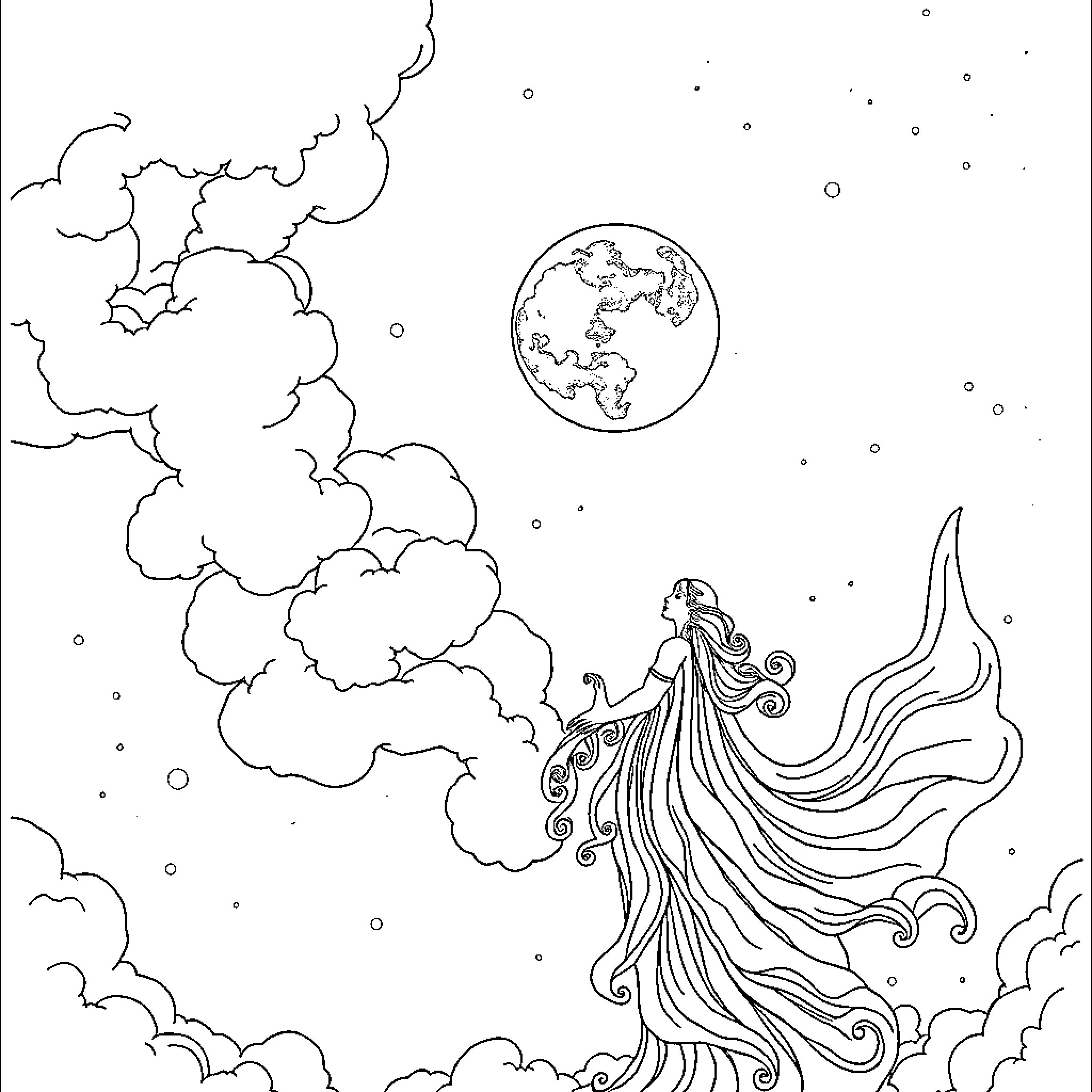Moon Goddess ascending through the celestial clouds Coloring Page (free black-and-white line drawing printable PDF for all, from beginners to advanced learners, including children, teens, adults, and seniors)