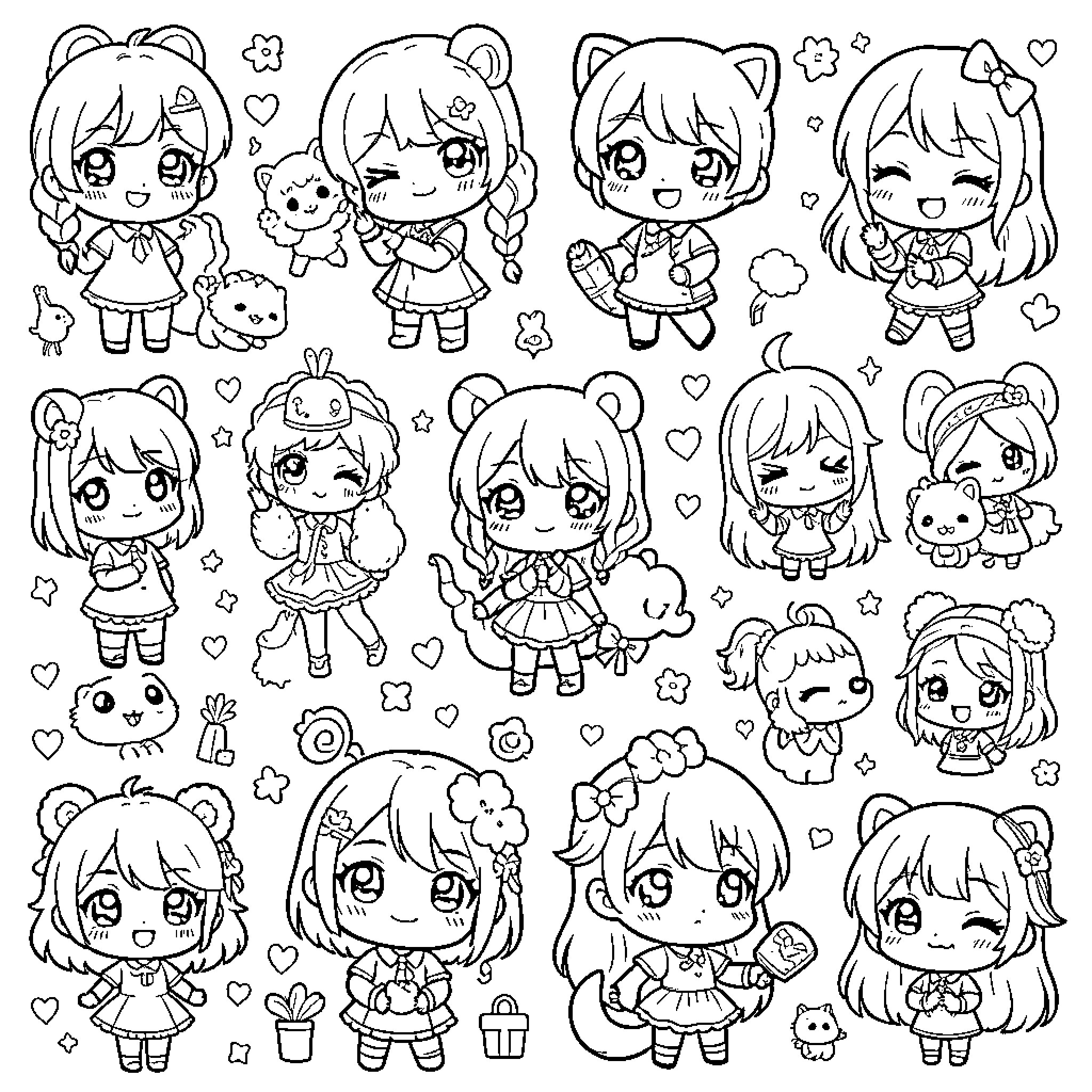 Kawaii anime girls posing with cute animal friends Coloring Page (free black-and-white line drawing printable PDF for all, from beginners to advanced learners, including children, teens, adults, and seniors)