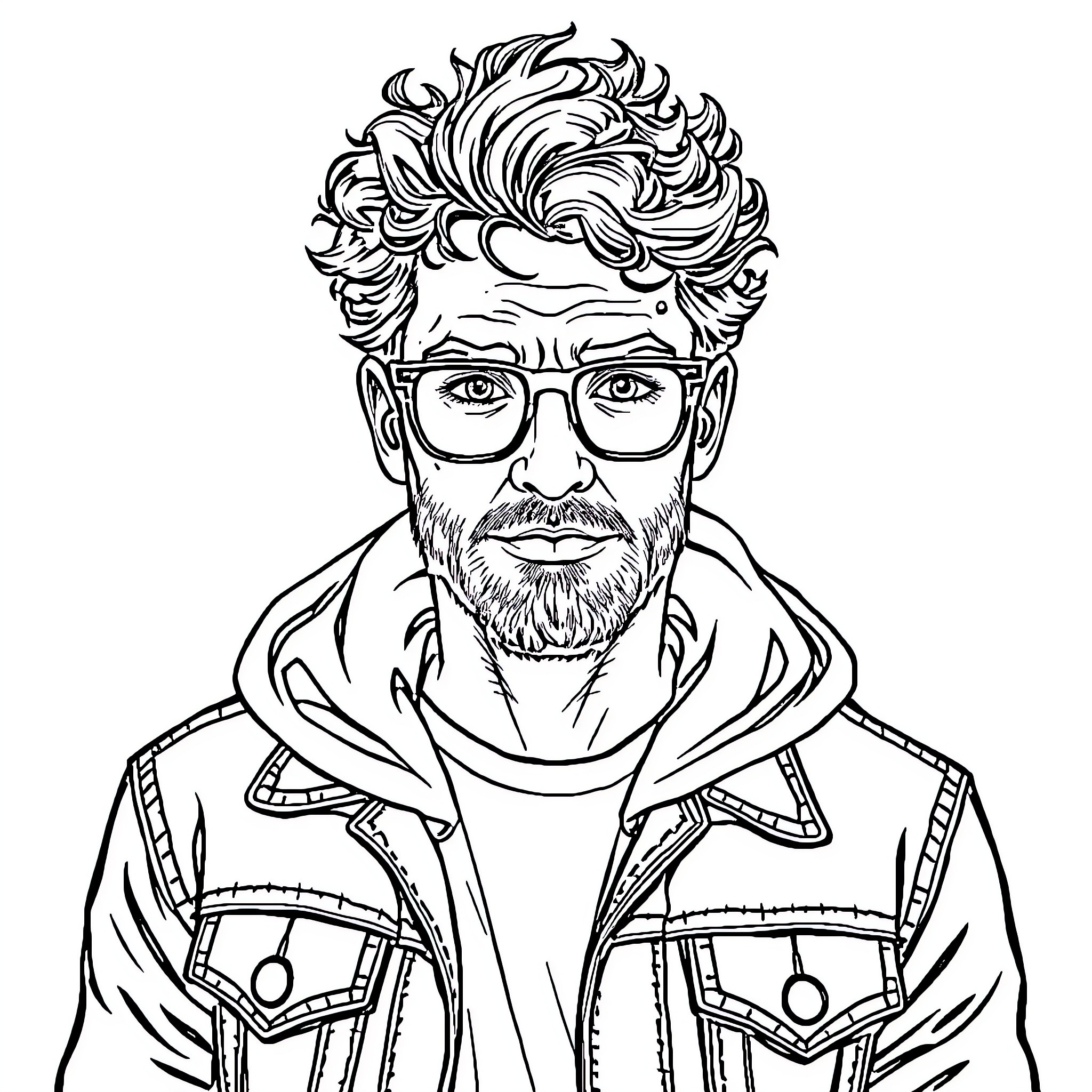 Man with curly hair and glasses in a denim jacket Coloring Page (free black-and-white line drawing printable PDF for all, from beginners to advanced learners, including children, teens, adults, and seniors)