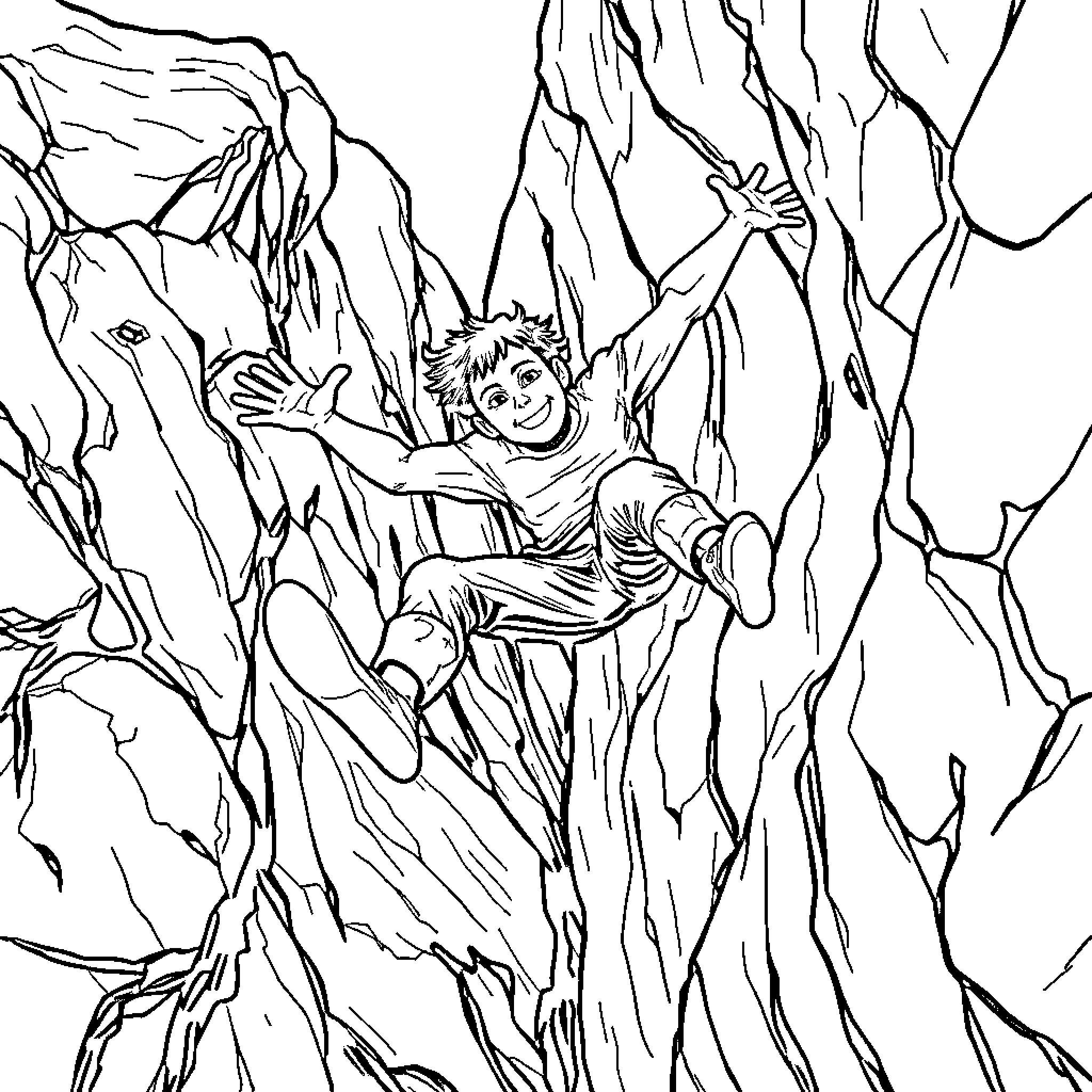 Ken climbing and exploring rocky terrain Coloring Page (free black-and-white line drawing printable PDF for all, from beginners to advanced learners, including children, teens, adults, and seniors)