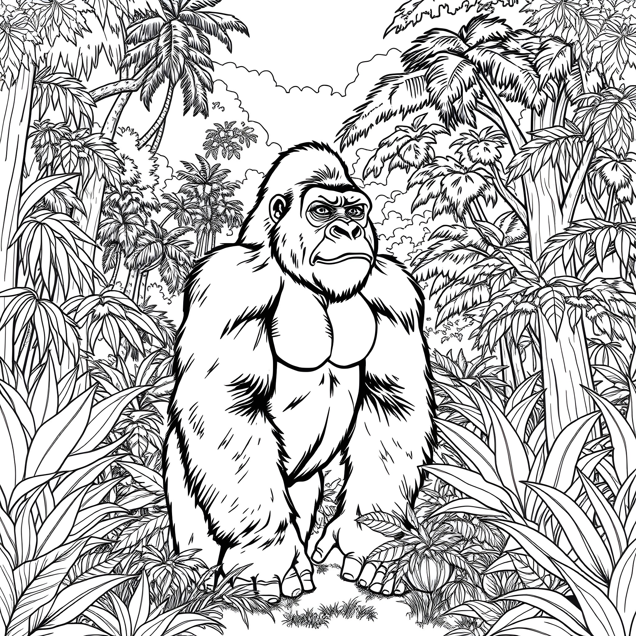 Glorilla in the Vibrant Jungle Landscape Coloring Page (free black-and-white line drawing printable PDF for all, from beginners to advanced learners, including children, teens, adults, and seniors)