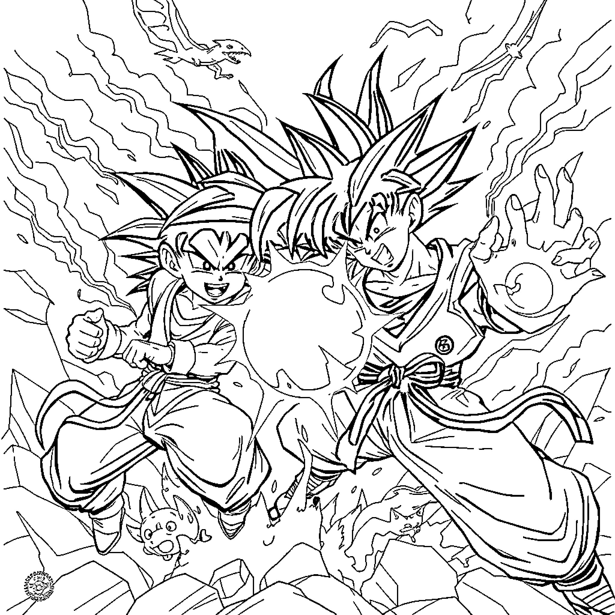 Dragon Ball Z characters charging powerful energy blasts Coloring Page (free black-and-white line drawing printable PDF for all, from beginners to advanced learners, including children, teens, adults, and seniors)